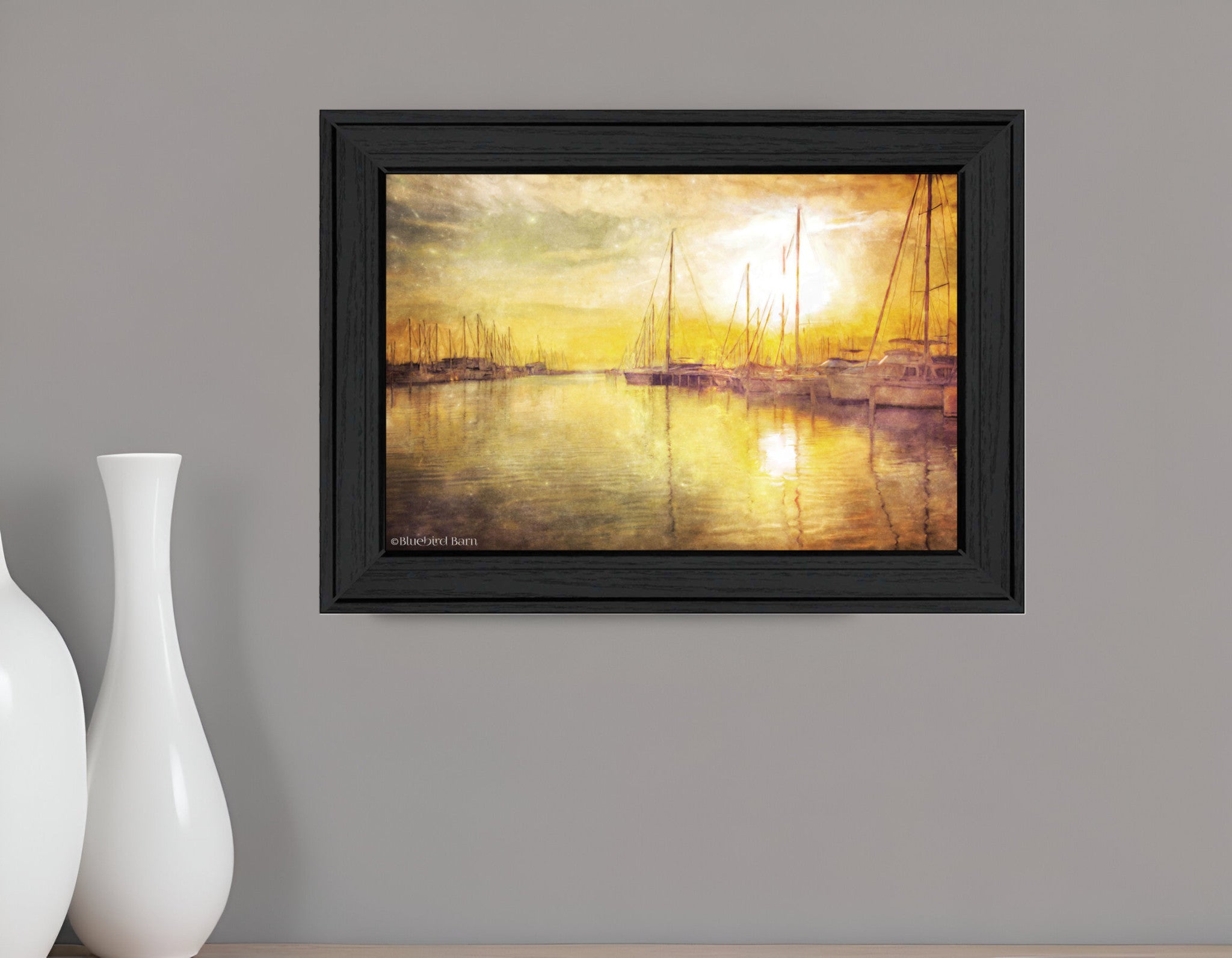 Yellow Sunset Boats In Marina Black Framed Print Wall Art