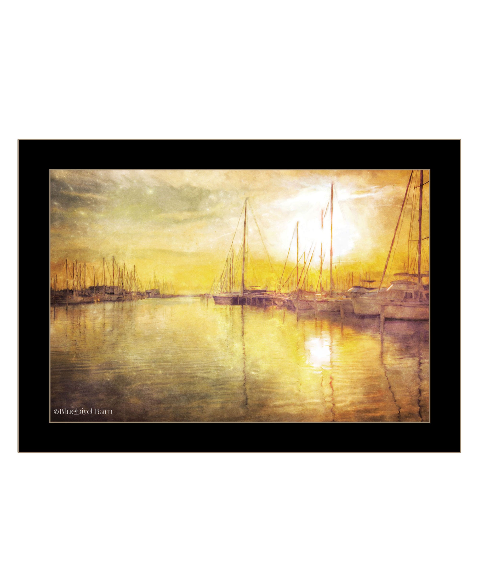 Yellow Sunset Boats In Marina Black Framed Print Wall Art