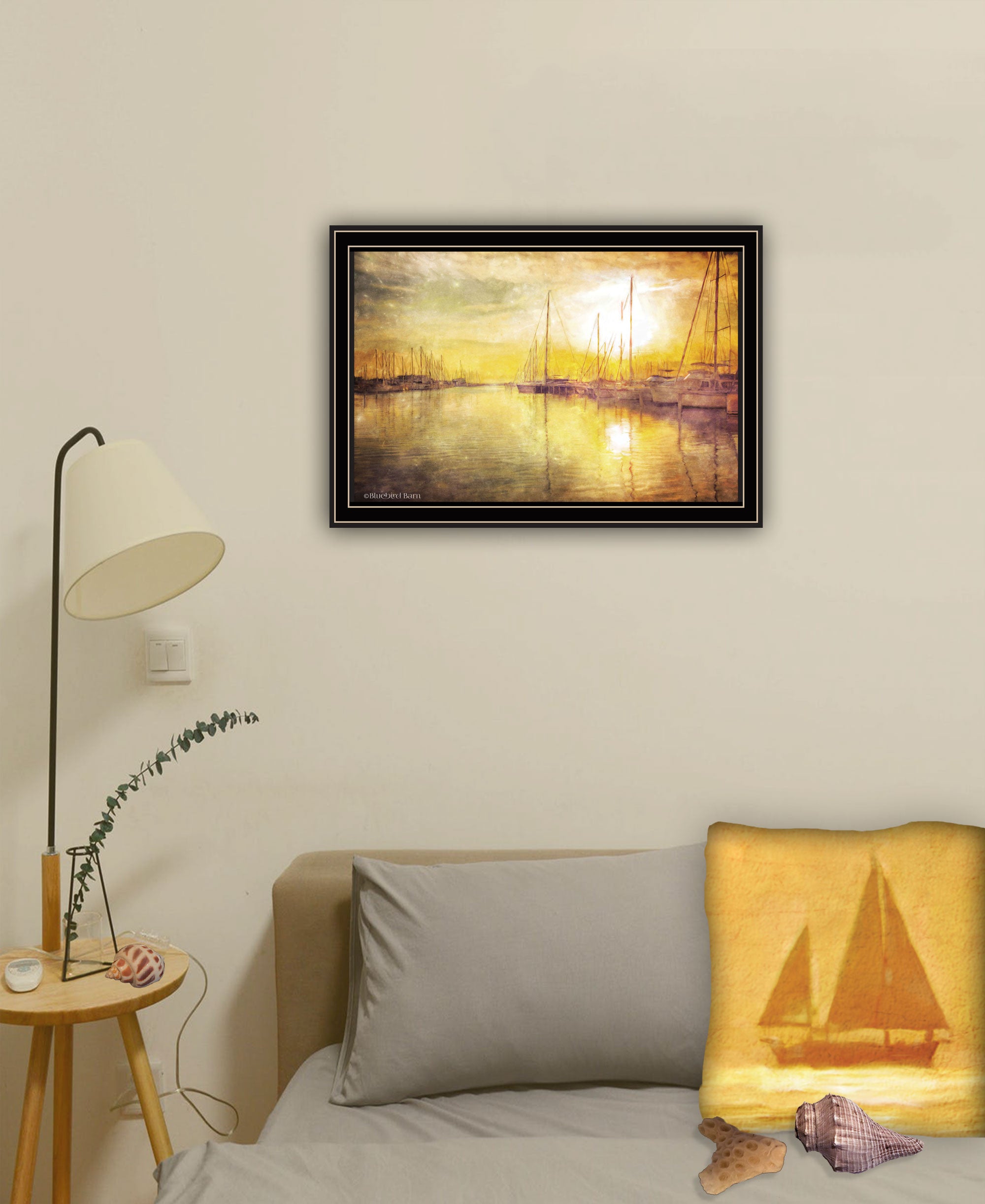 Yellow Sunset Boats In Marina Black Framed Print Wall Art