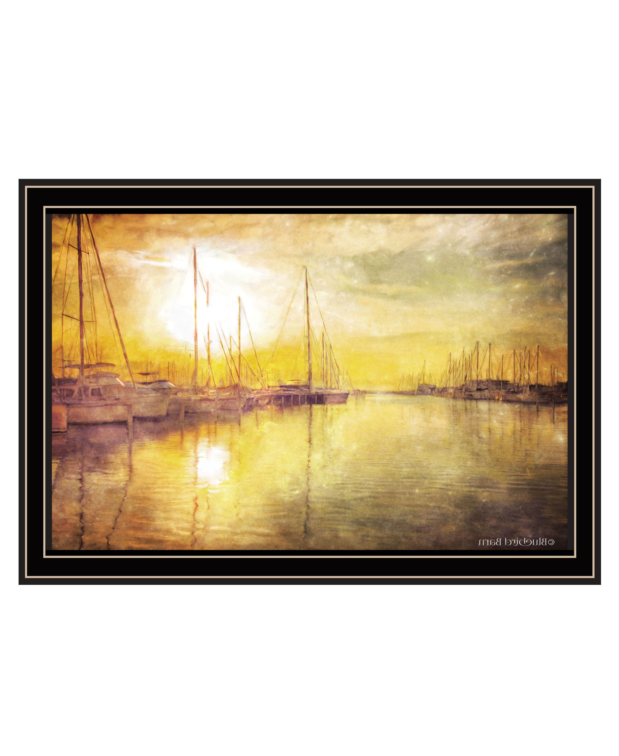 Yellow Sunset Boats In Marina Black Framed Print Wall Art