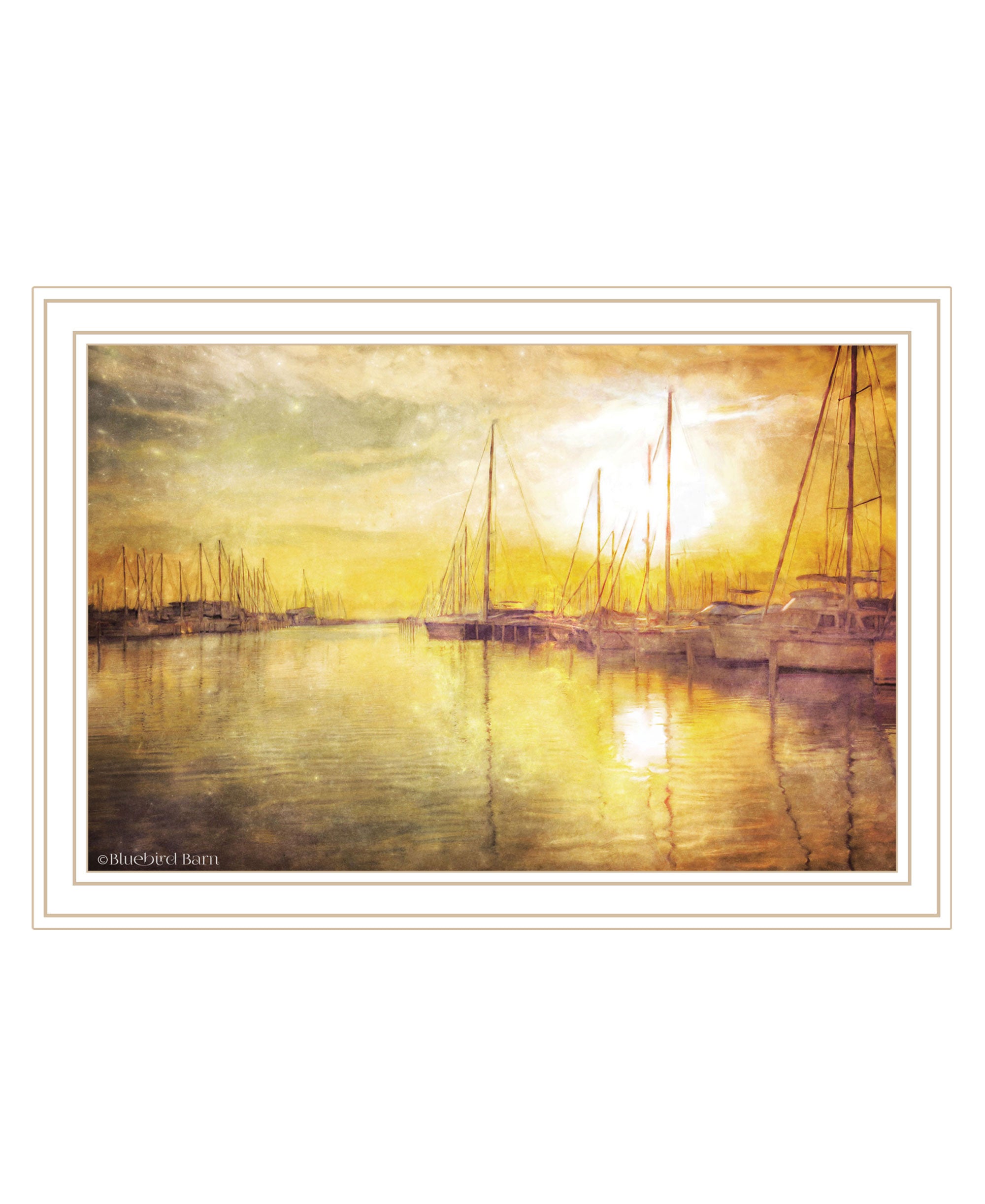 Yellow Sunset Boats In Marina Black Framed Print Wall Art