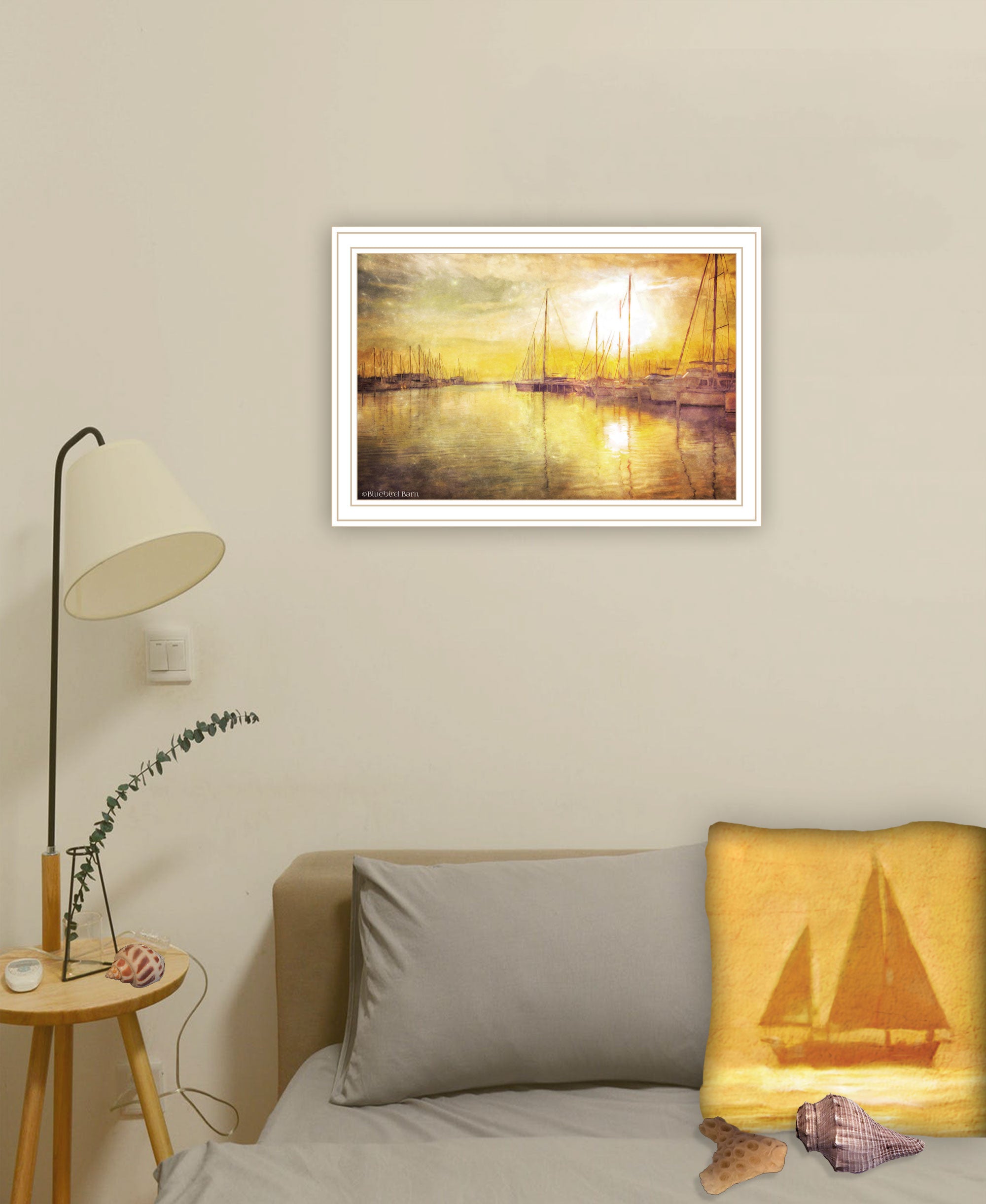 Yellow Sunset Boats In Marina Black Framed Print Wall Art