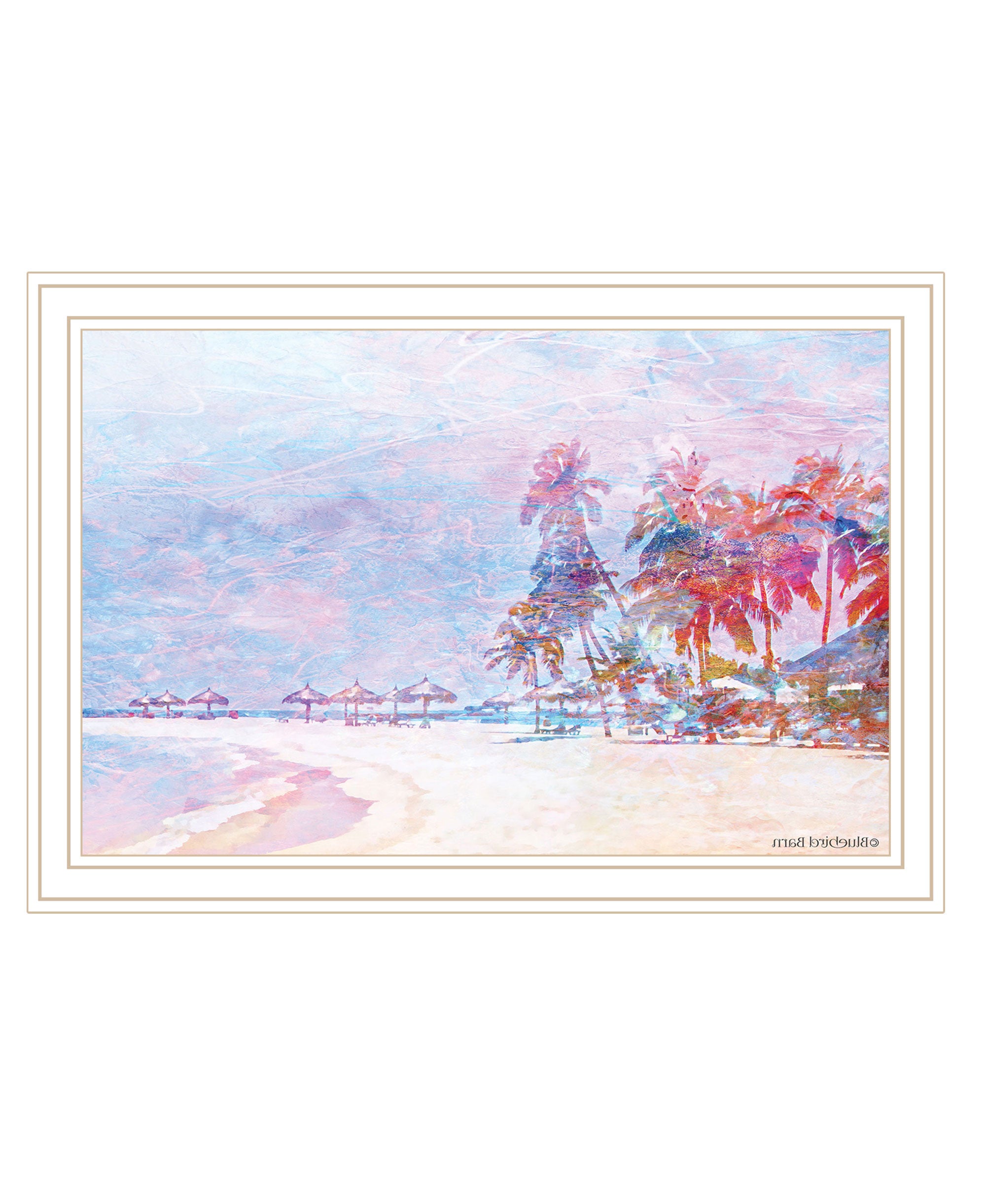 Rainbow Bright Sandy Beach with Umbrellas White Framed Print Wall Art