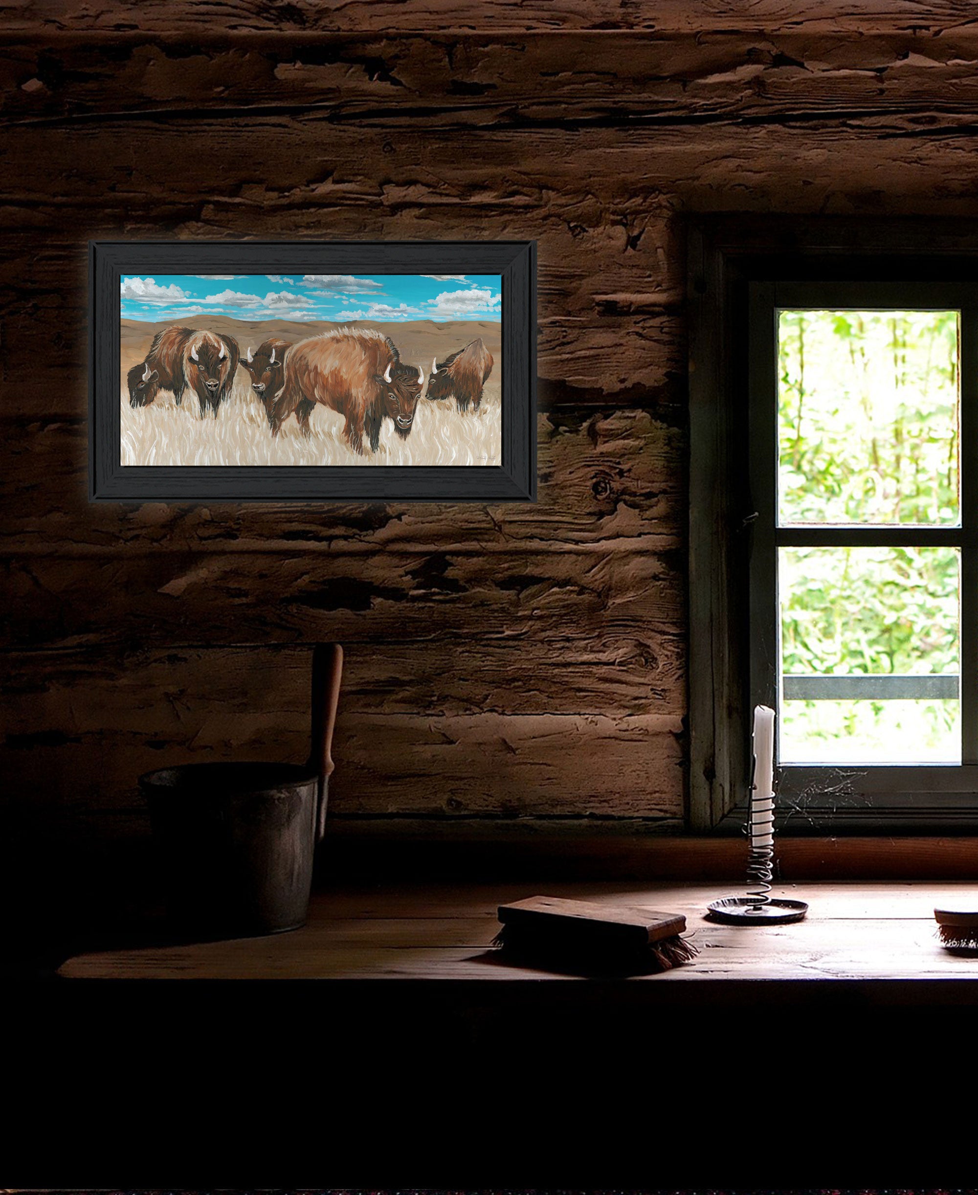 Bison Herd Black Framed Print Wall Art