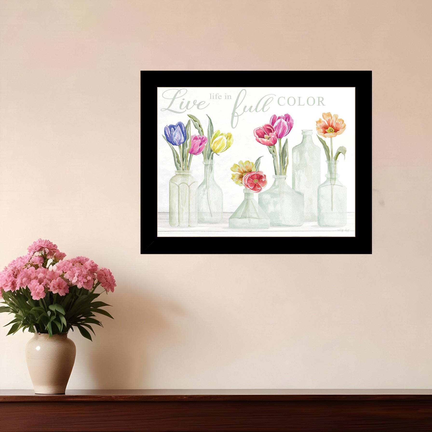 Live Life in Full Color Tulips Black Framed Print Wall Art