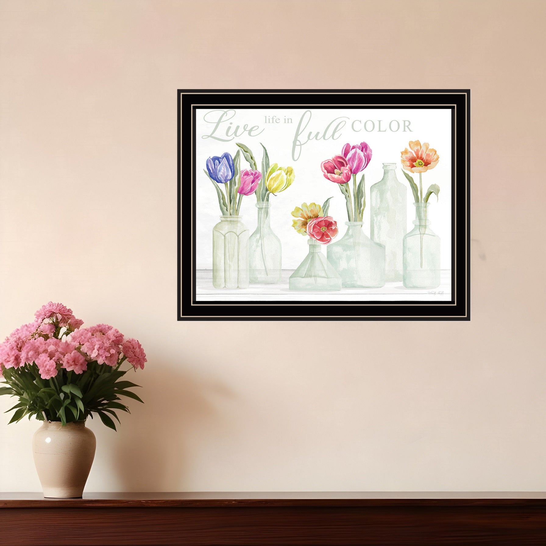 Live Life in Full Color Tulips Black Framed Print Wall Art