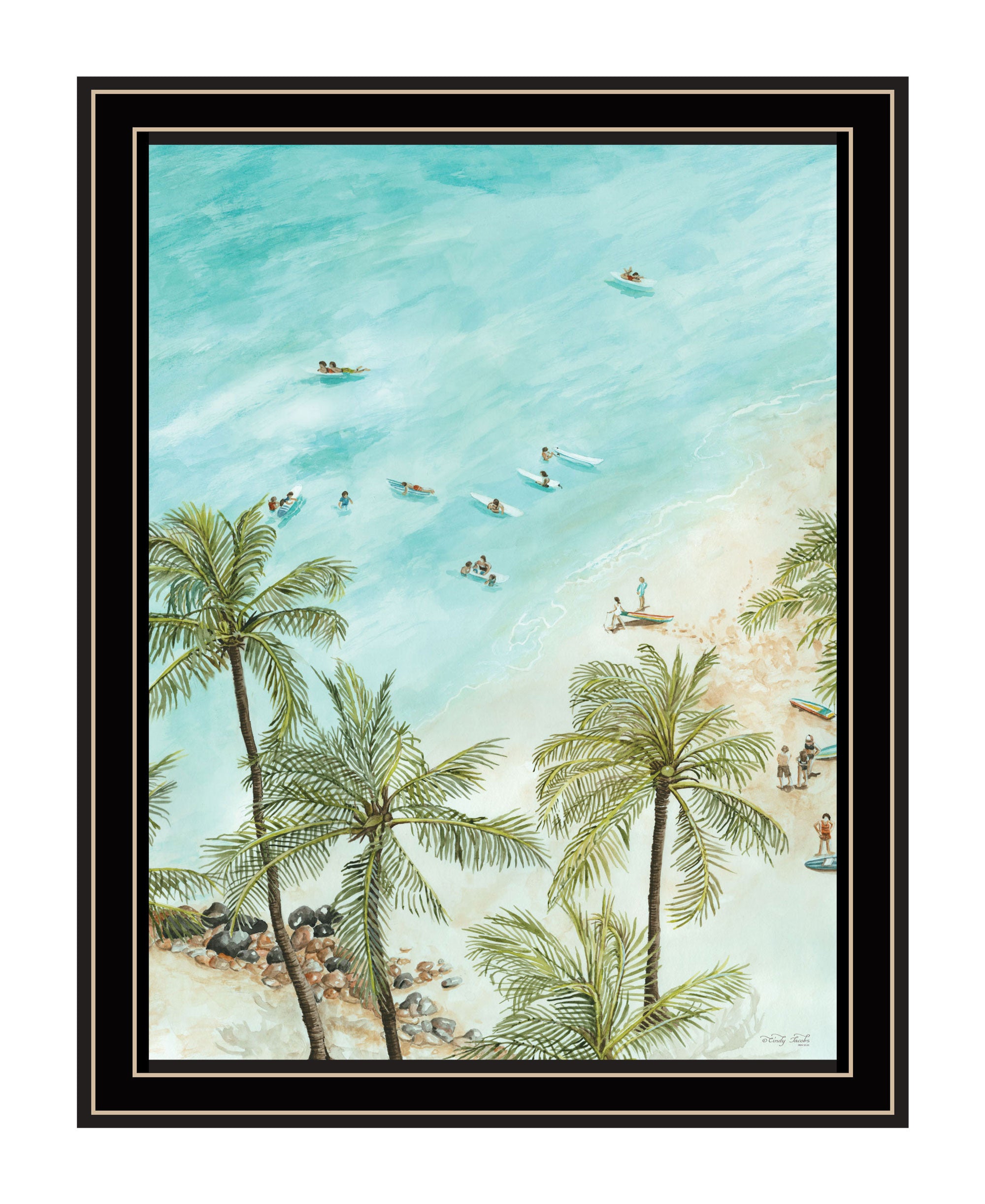 SURFING FROM AFAR Black Framed Print Wall Art