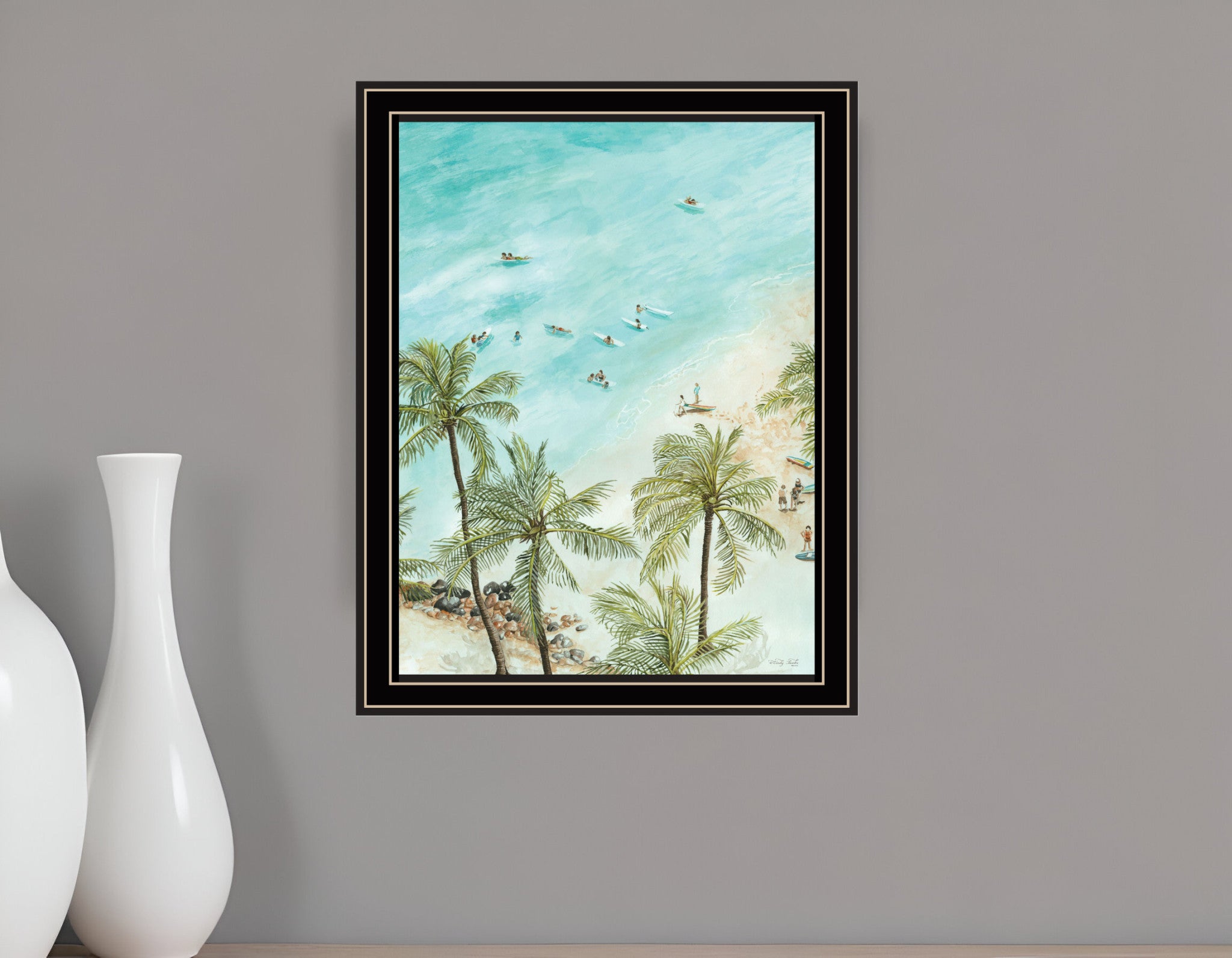 SURFING FROM AFAR Black Framed Print Wall Art