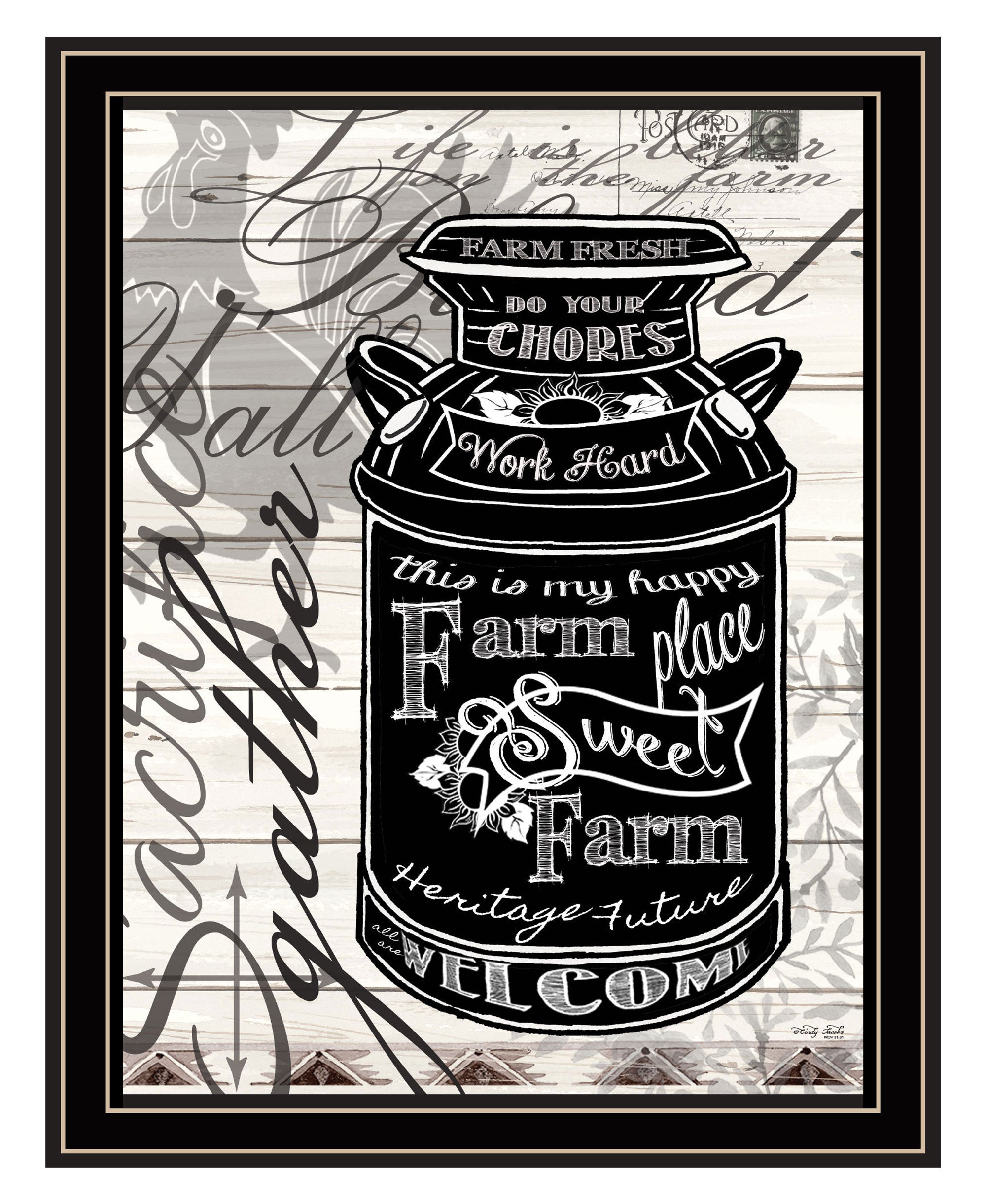 FARM SWEET FARM MILK CAN Black Framed Print Wall Art