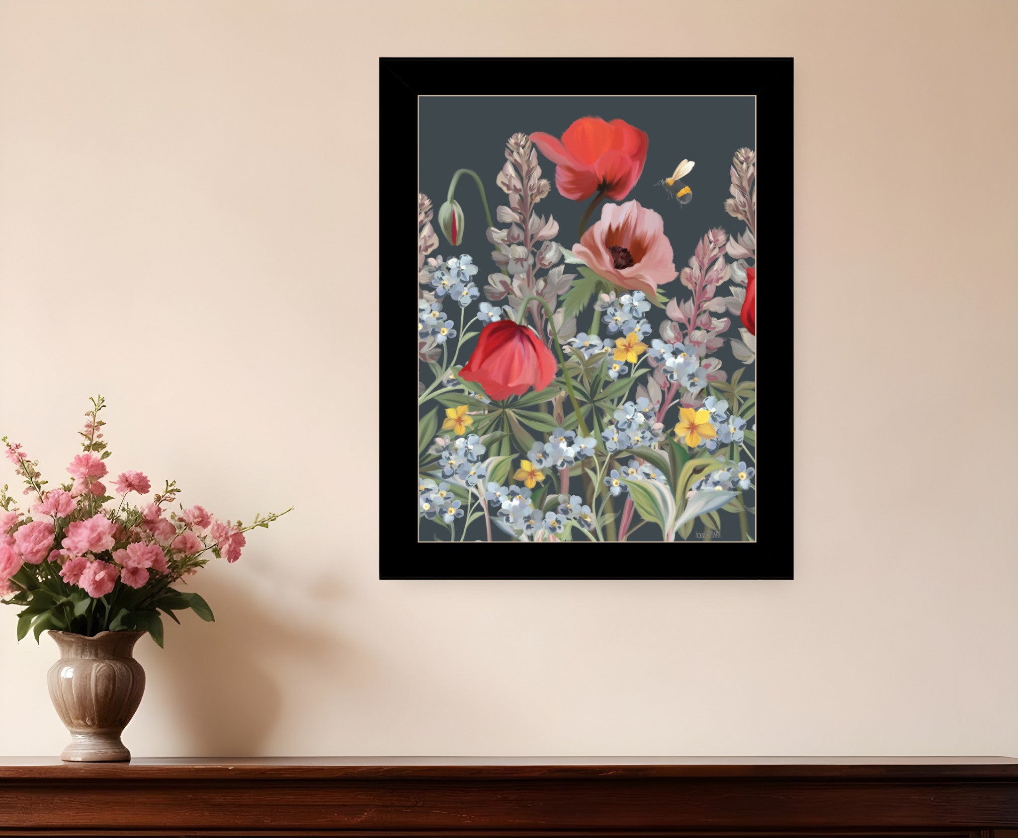 Summer Garden Buzz Black Framed Print Wall Art