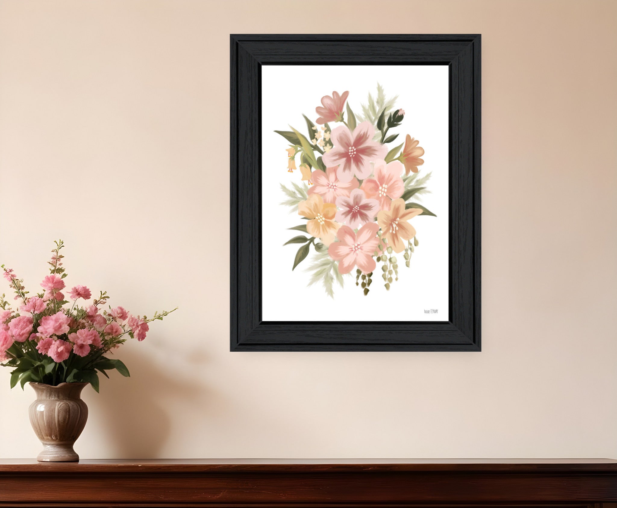 Peachy Petals Black Framed Print Wall Art