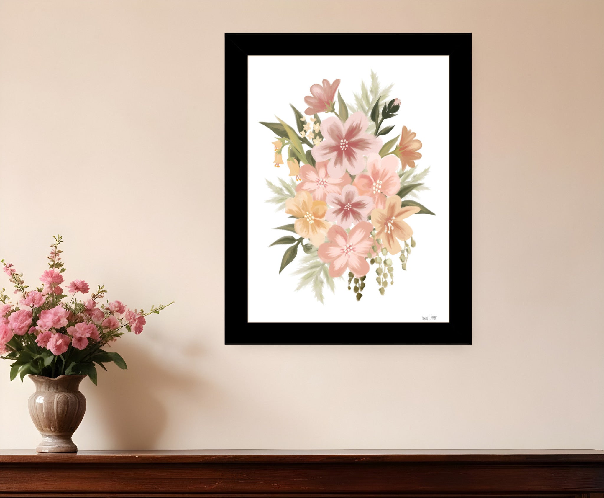 Peachy Petals Black Framed Print Wall Art