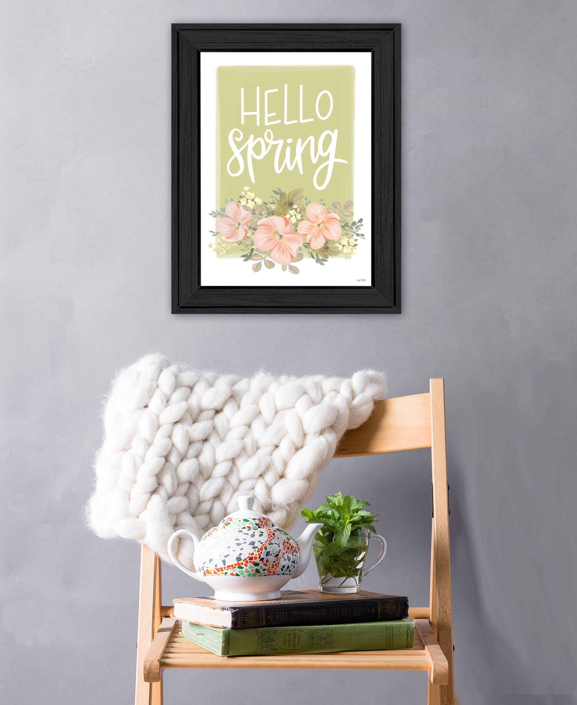 Hello Spring Floral Black Framed Print Wall Art