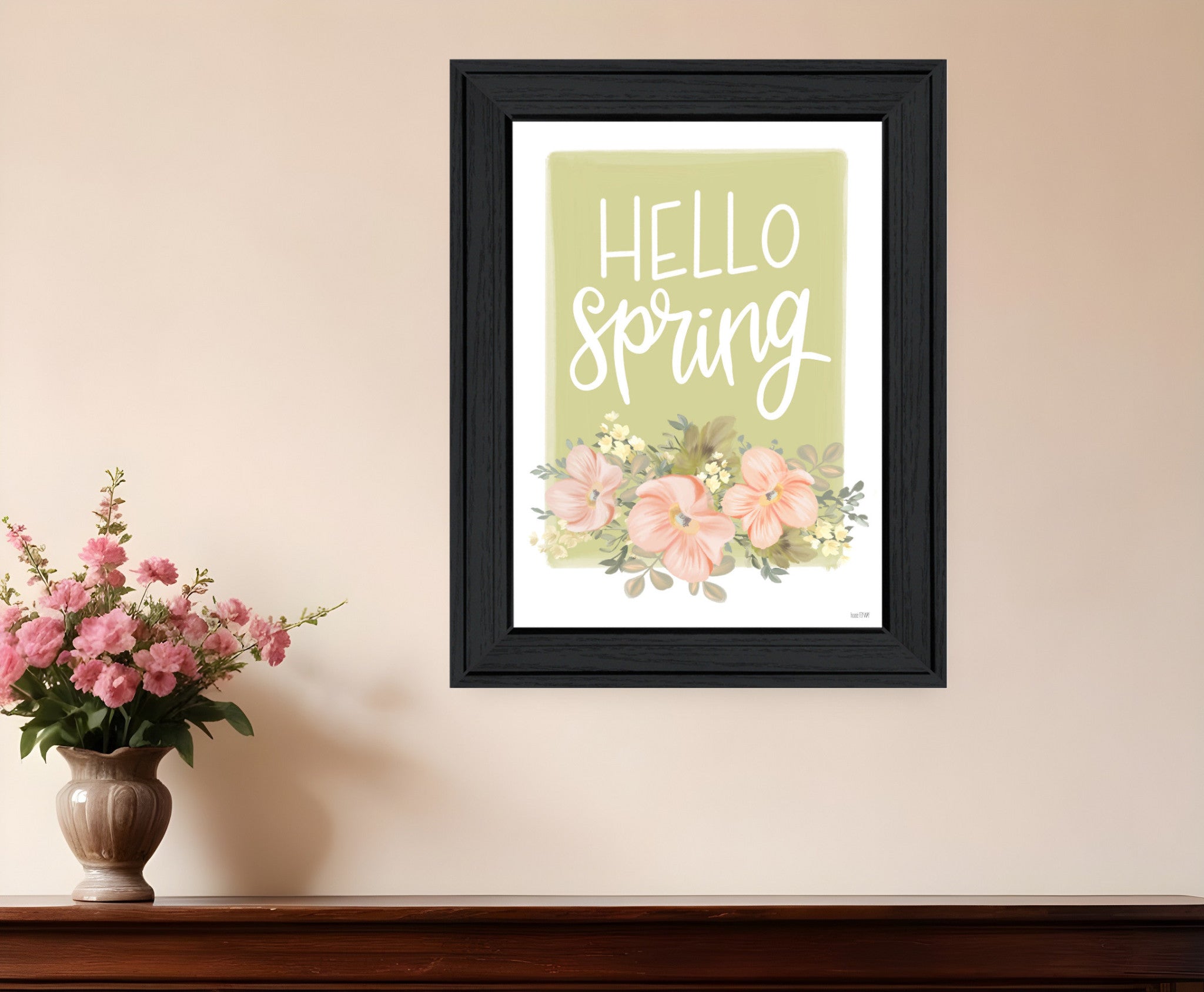 Hello Spring Floral Black Framed Print Wall Art