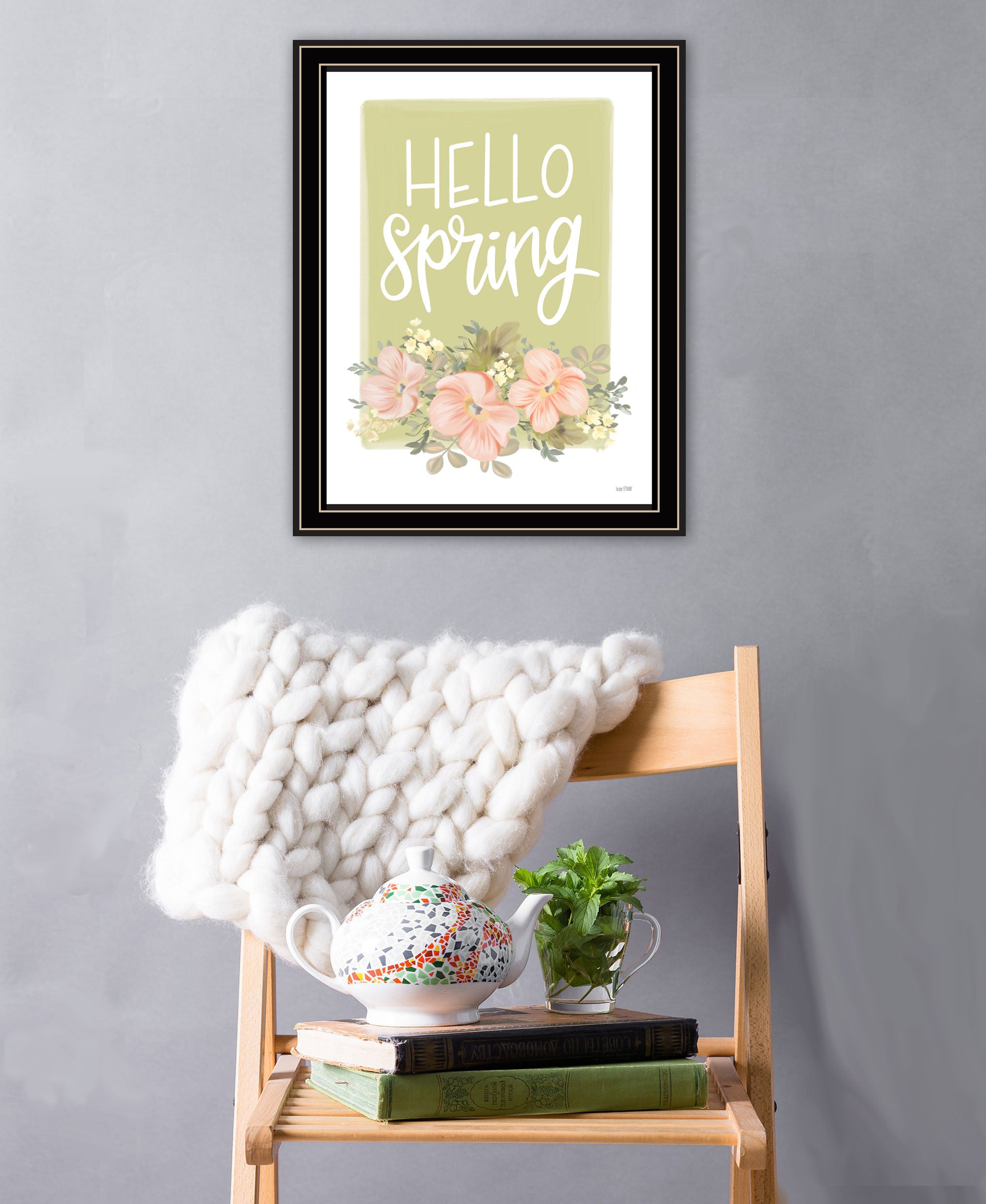 Hello Spring Floral Black Framed Print Wall Art