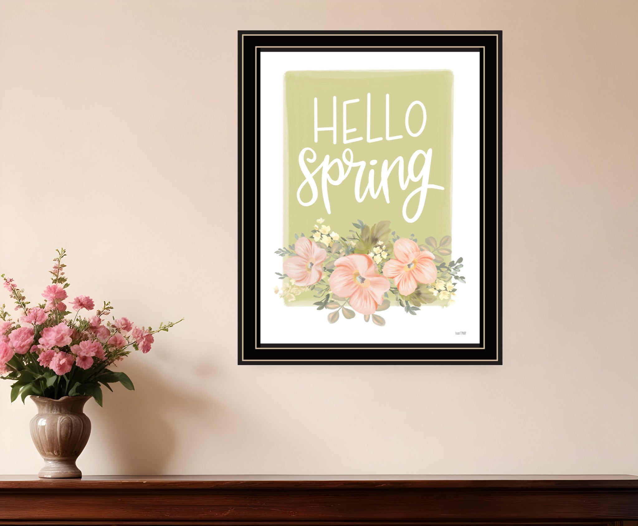 Hello Spring Floral Black Framed Print Wall Art