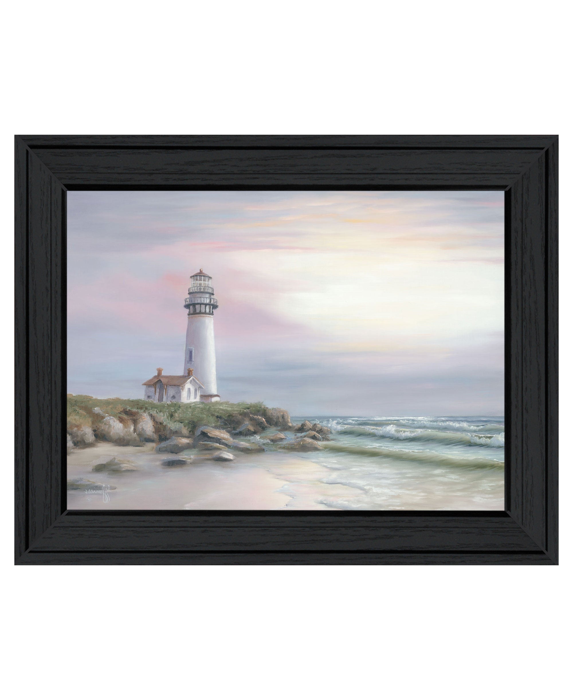 Lighthouse at Sunset Black Framed Print Wall Art