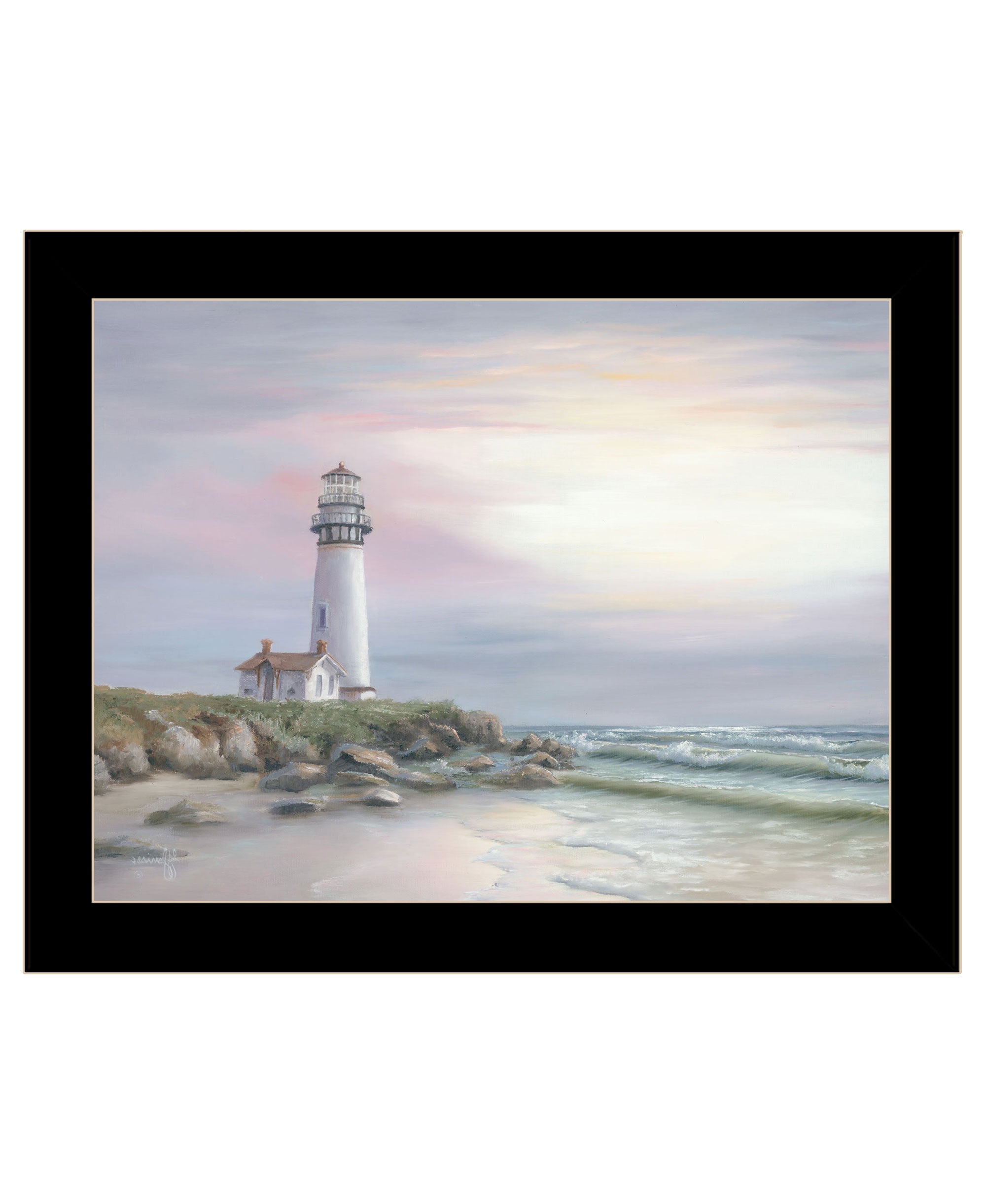 Lighthouse at Sunset Black Framed Print Wall Art