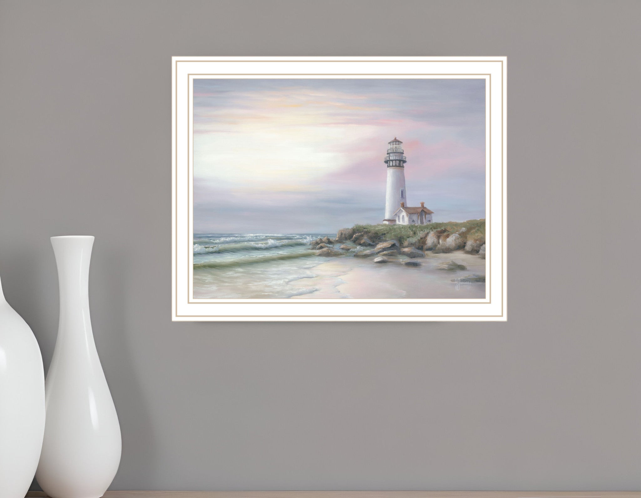 Lighthouse at Sunset Black Framed Print Wall Art