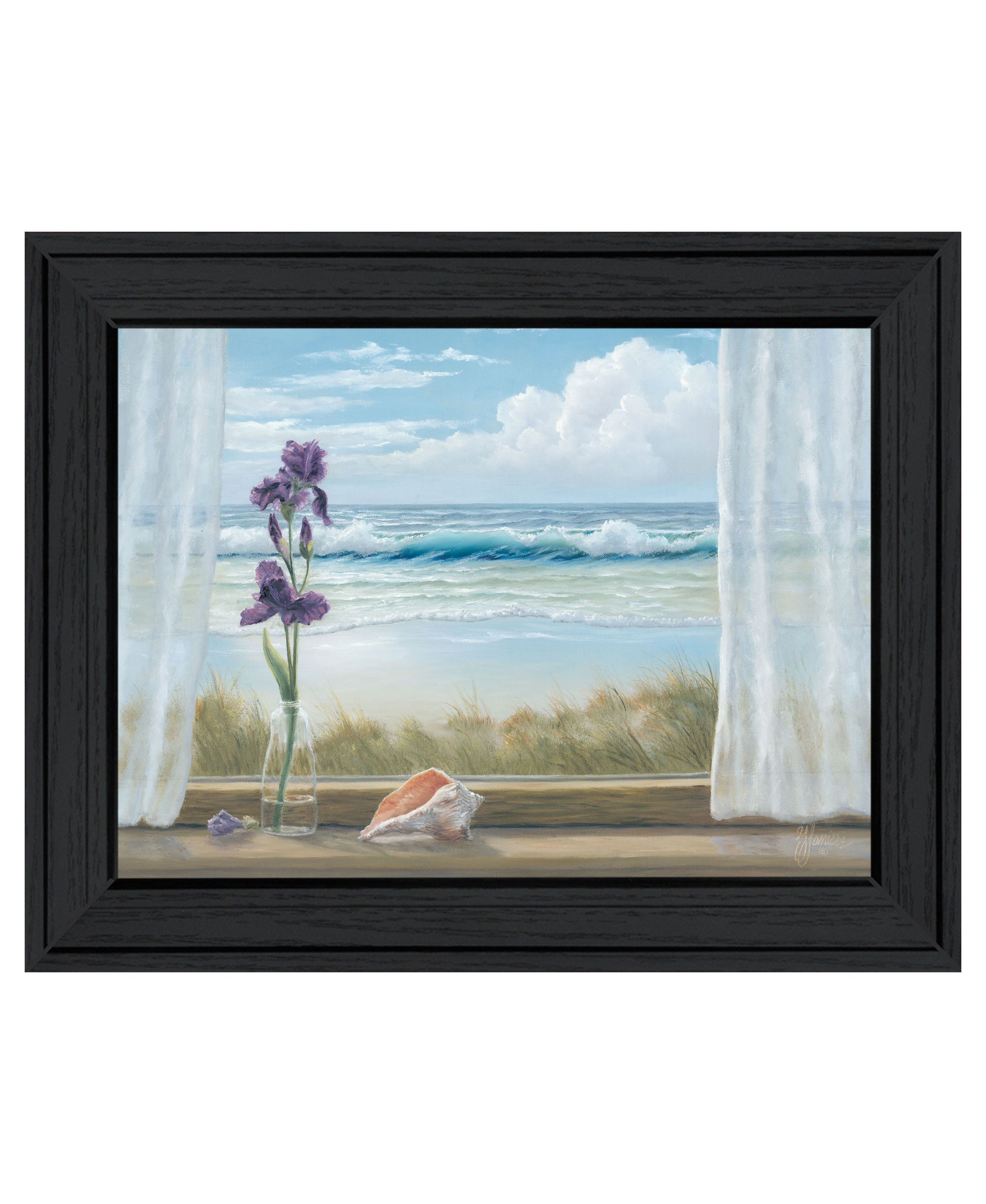 Irises on Windowsill Black Framed Print Wall Art