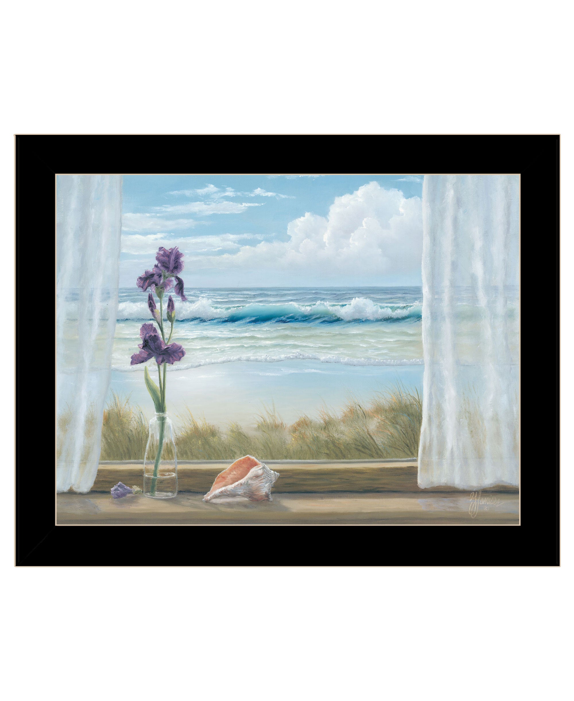 Irises on Windowsill Black Framed Print Wall Art