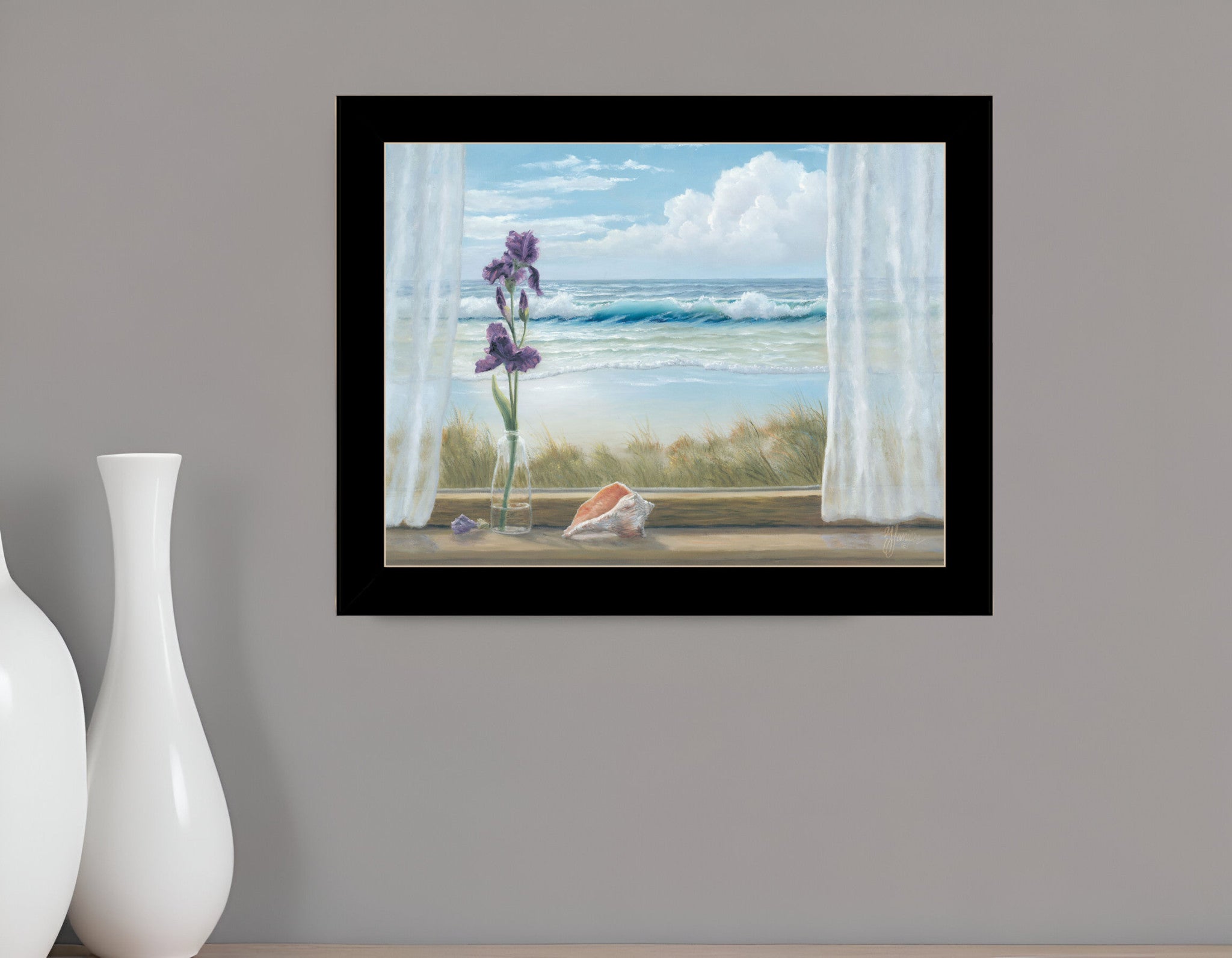 Irises on Windowsill Black Framed Print Wall Art