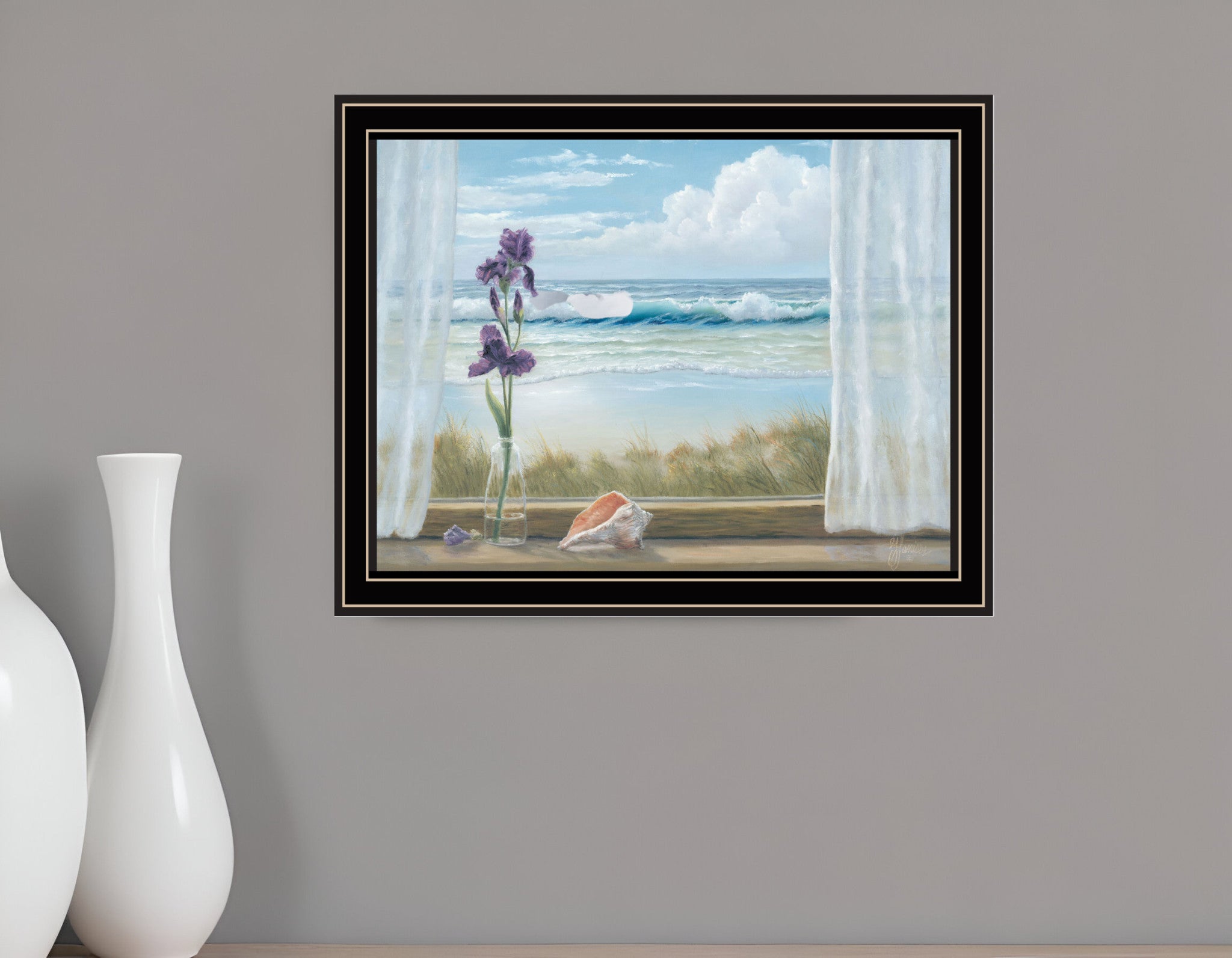 Irises on Windowsill Black Framed Print Wall Art