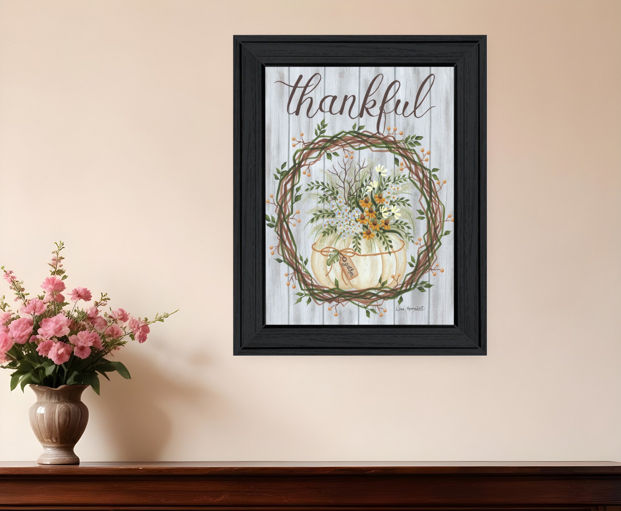 Thankful Wreath Black Framed Print Wall Art