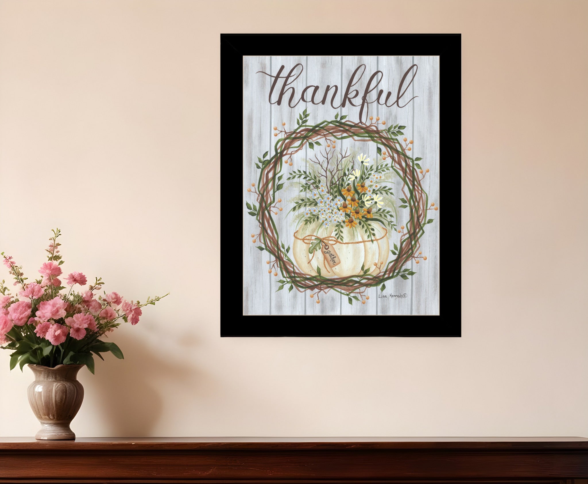 Thankful Wreath Black Framed Print Wall Art