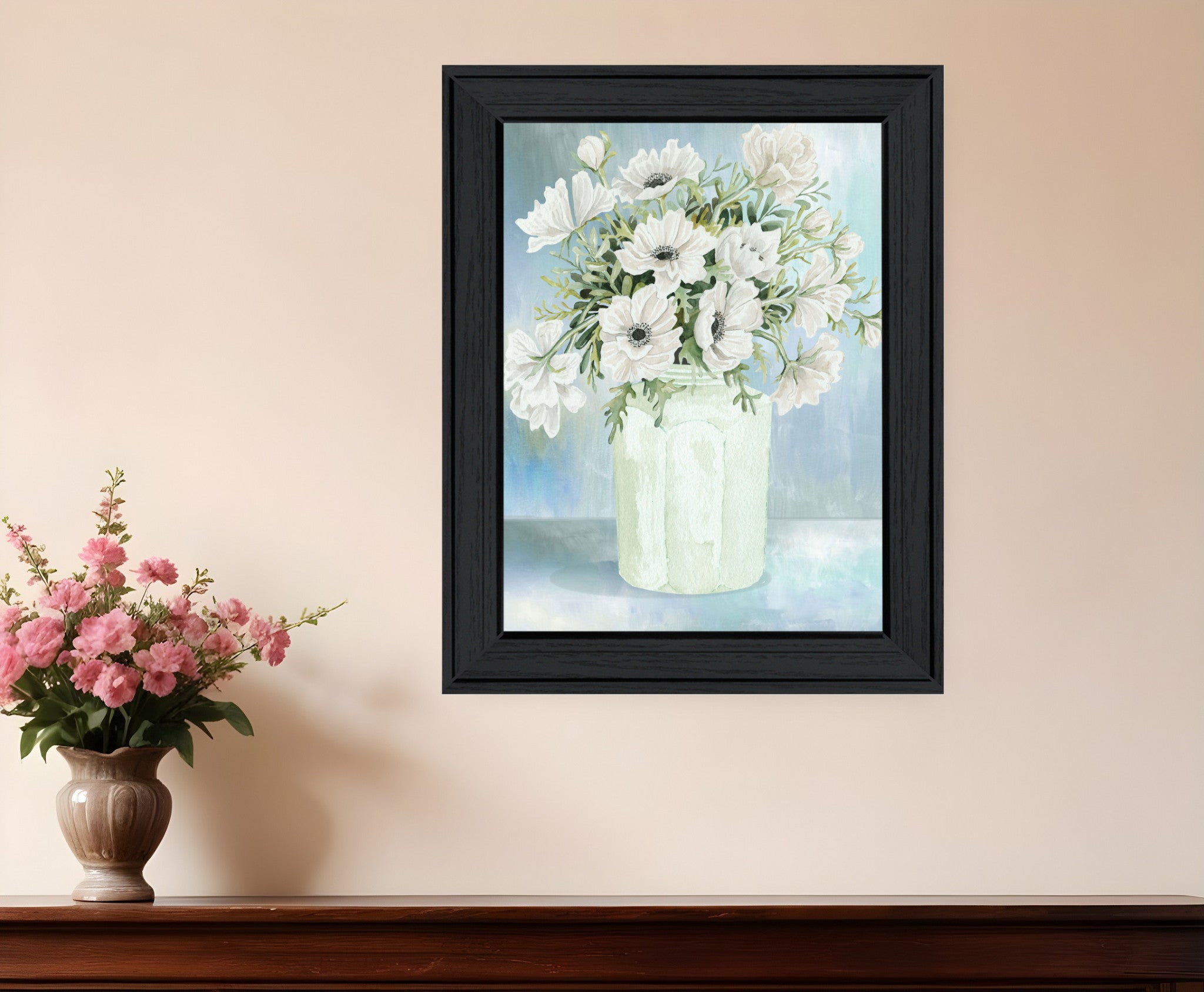 White Blooms Black Framed Print Wall Art