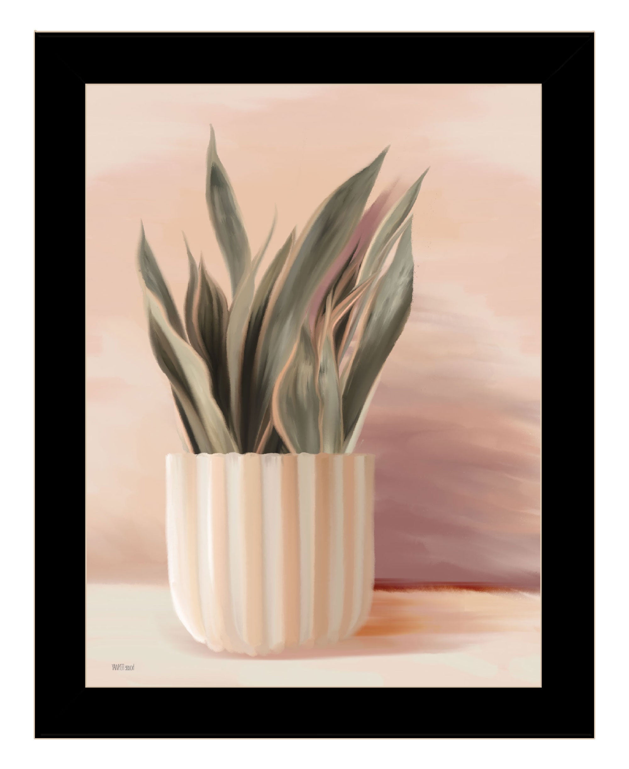 Striped Bohemian Plant Black Framed Print Wall Art