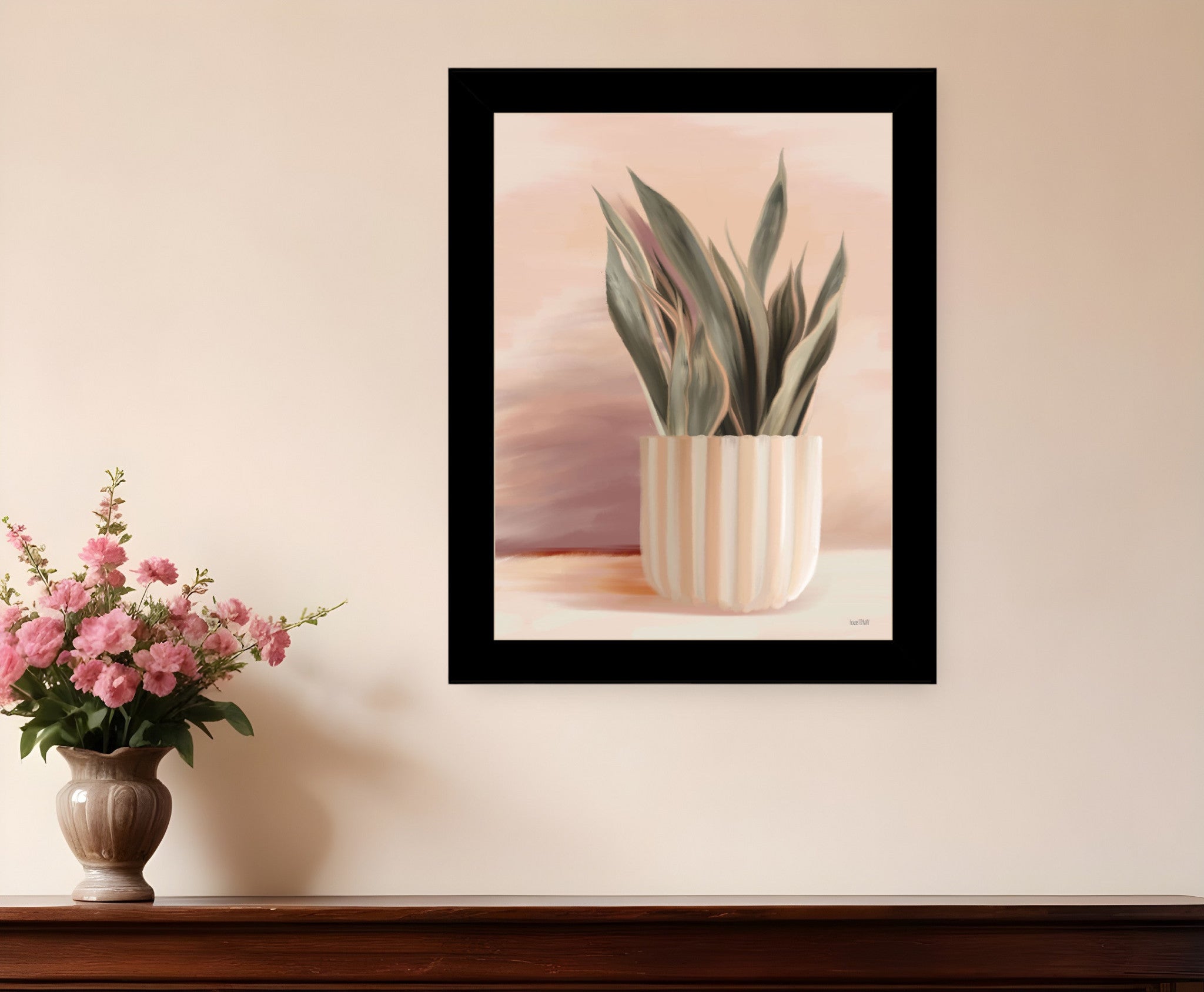 Striped Bohemian Plant Black Framed Print Wall Art