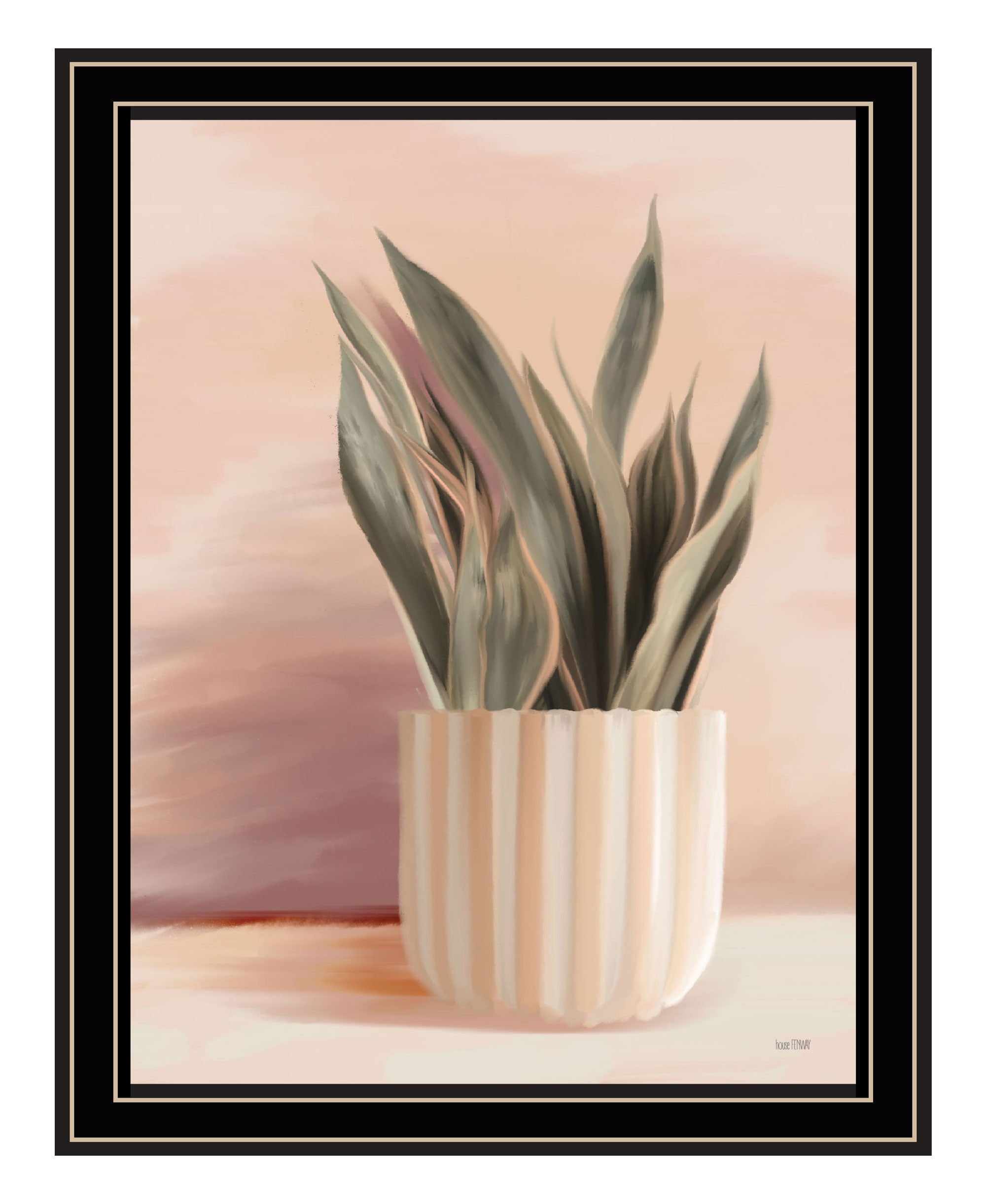 Striped Bohemian Plant Black Framed Print Wall Art