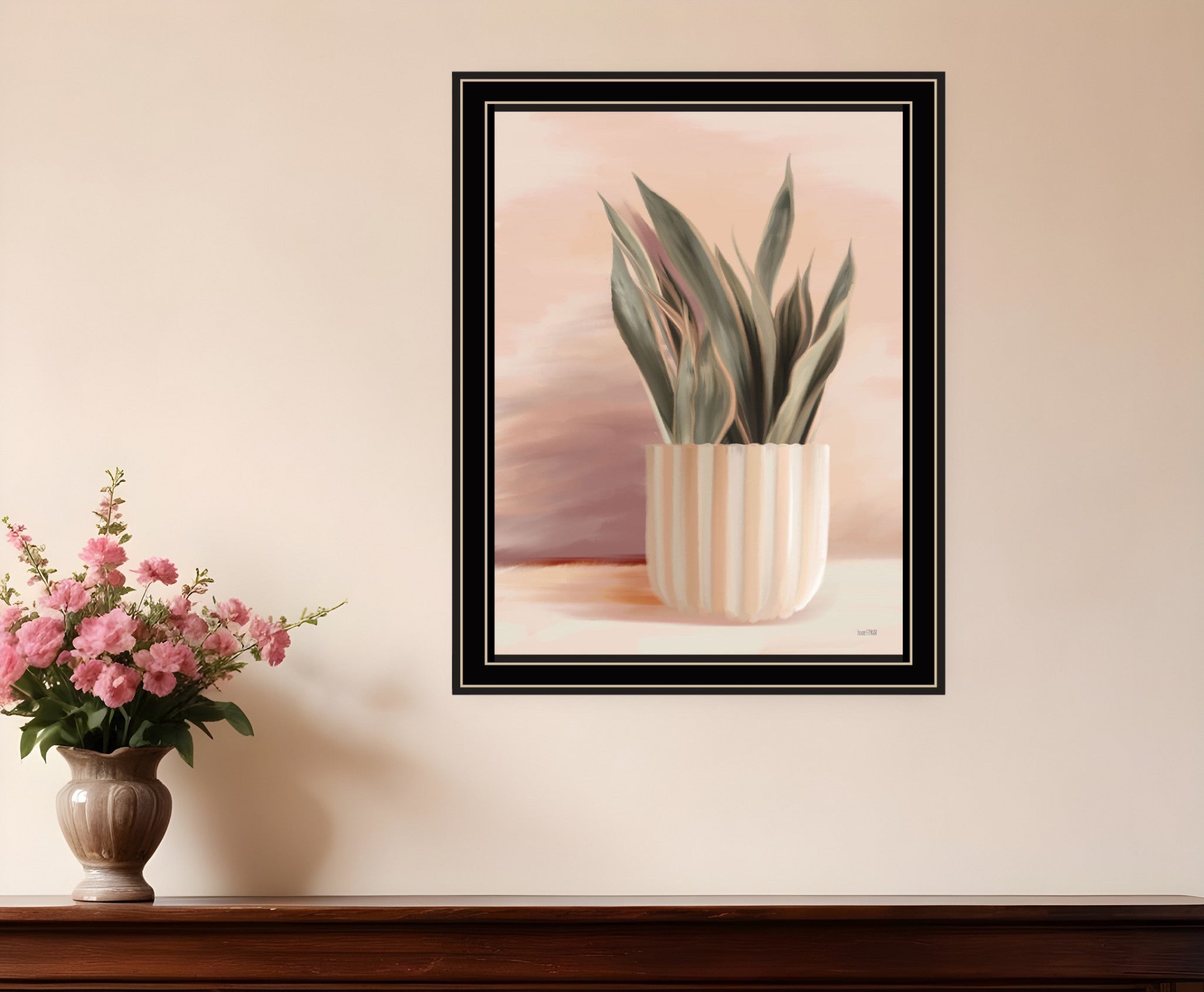 Striped Bohemian Plant Black Framed Print Wall Art