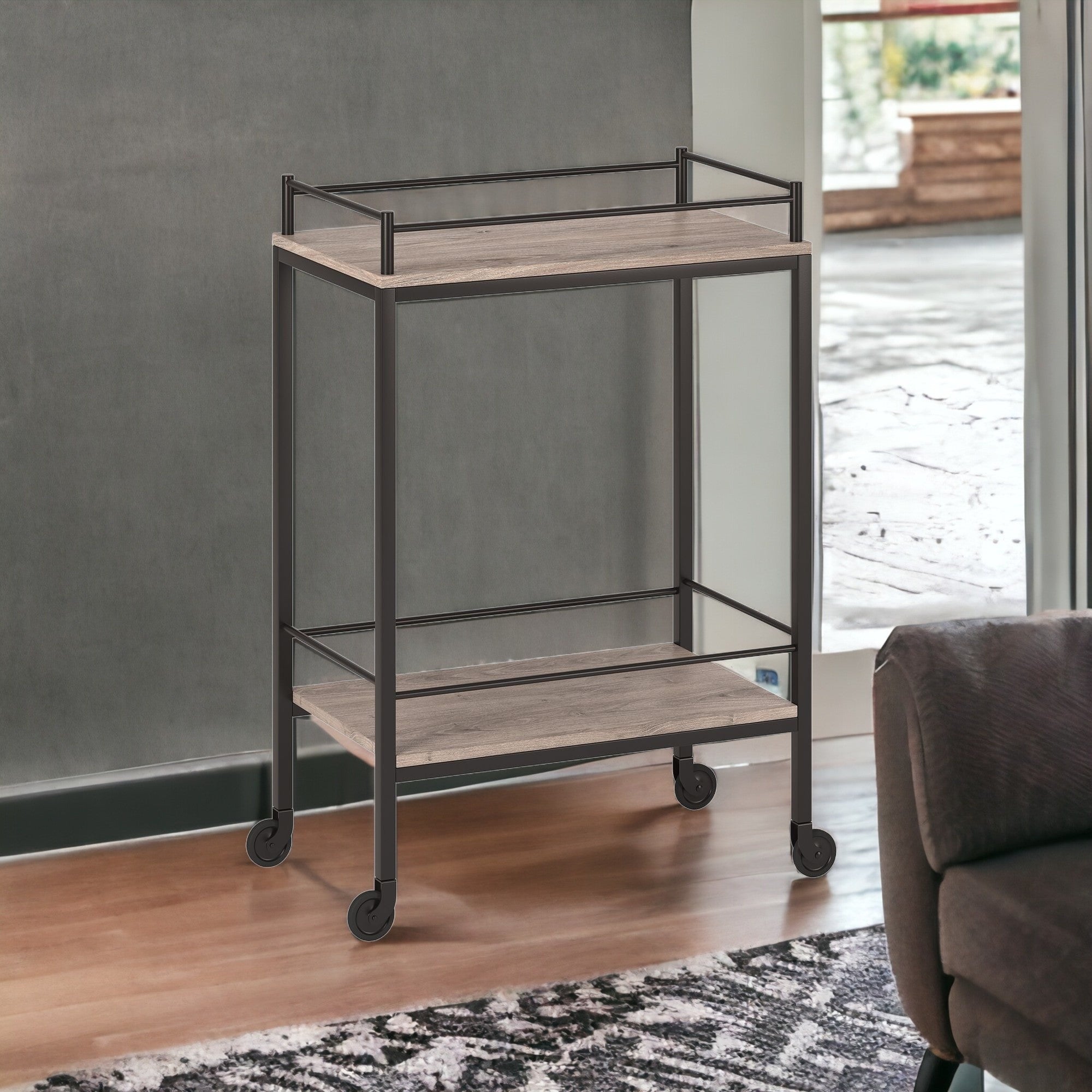 Gray and Black Steel Rolling Bar Cart