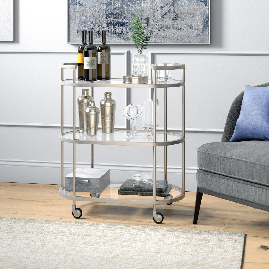 Nickel Steel And Glass Oval Rolling Bar Cart