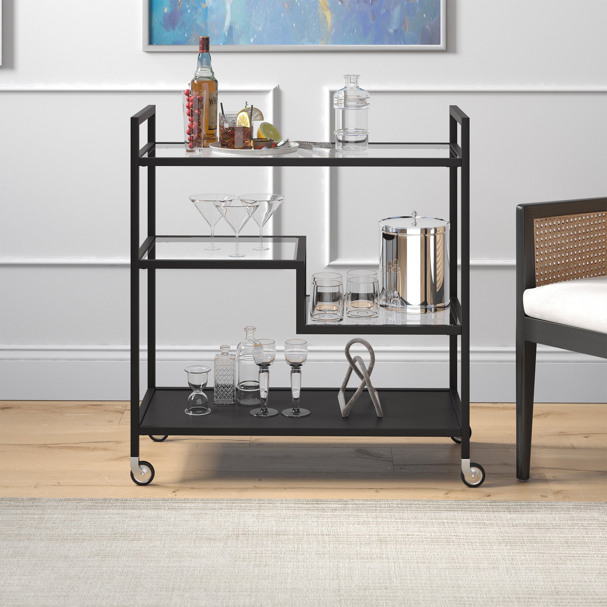 Black Steel And Glass Rolling Bar Cart