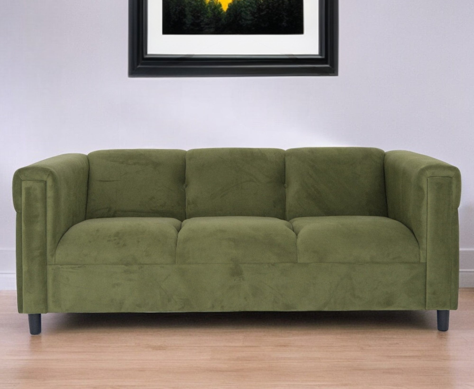 72" Moss Green Suede Sofa With Black Legs