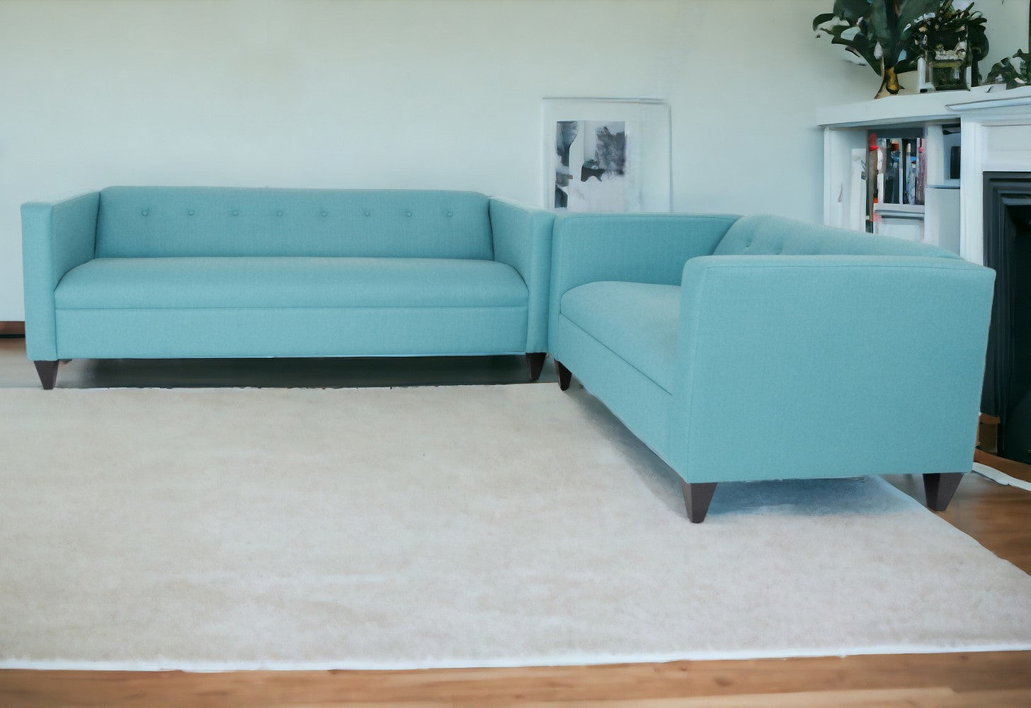 80" Teal Blue Polyester And Dark Brown Sofa