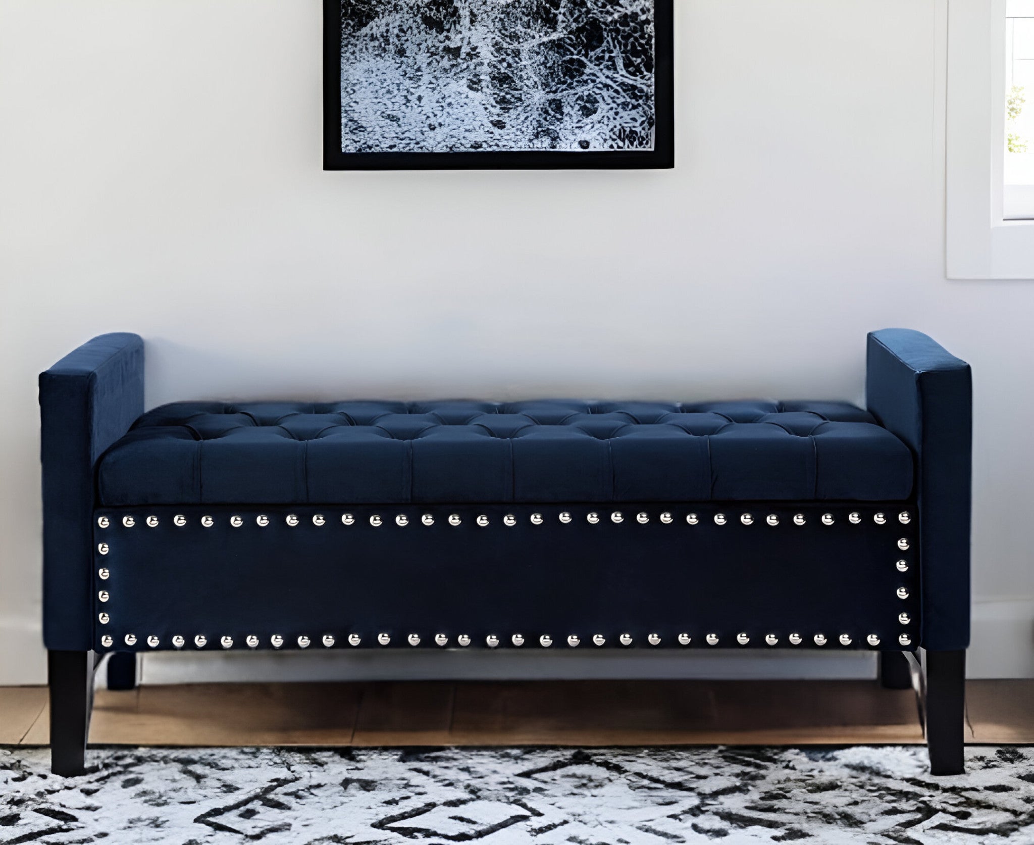 50" Navy Blue and Black Upholstered Velvet Bench with Flip top, Shoe Storage