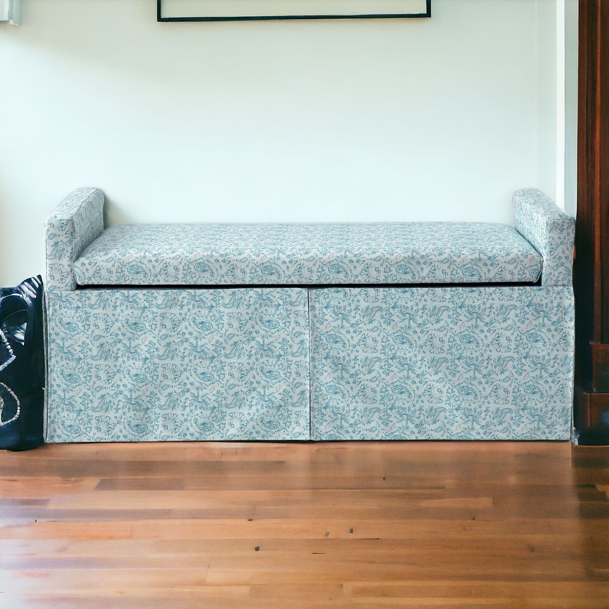 50" Blue Upholstered Linen Bench with Flip top, Shoe Storage