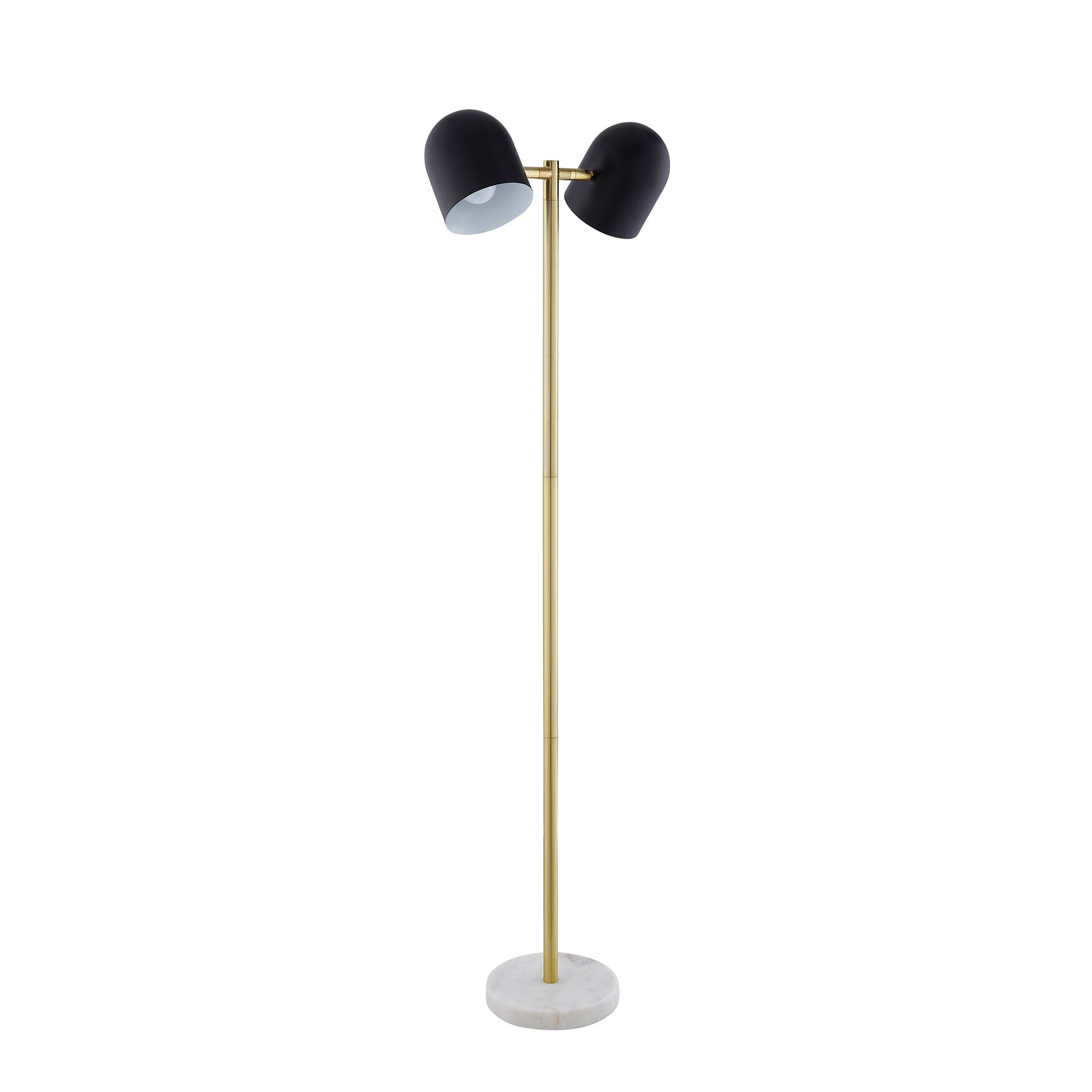 58" Gold and White Two Light Floor Lamp With Brass Bell Shades