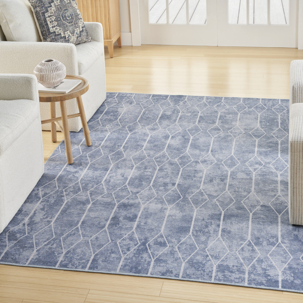 6' x 9' Blue and Off White Geometric Power Loom Washable Area Rug