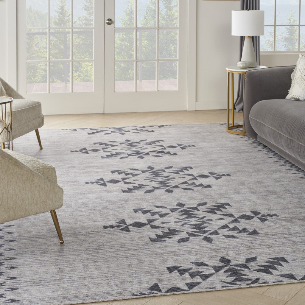 8' x 10' Gray and Ivory Geometric Power Loom Washable Area Rug