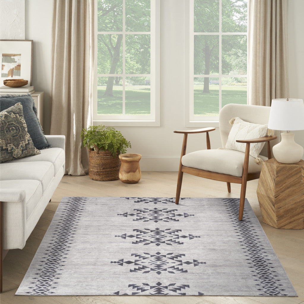 8' x 10' Gray and Ivory Geometric Power Loom Washable Area Rug