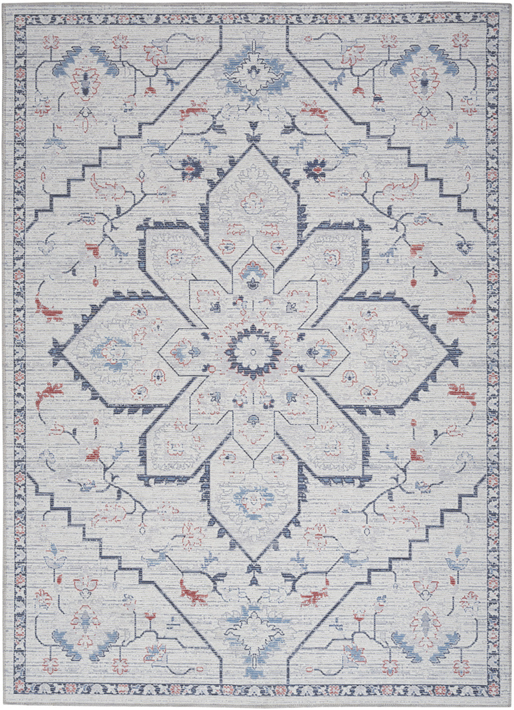 5' x 7' Ivory and Blue Oriental Power Loom Washable Area Rug