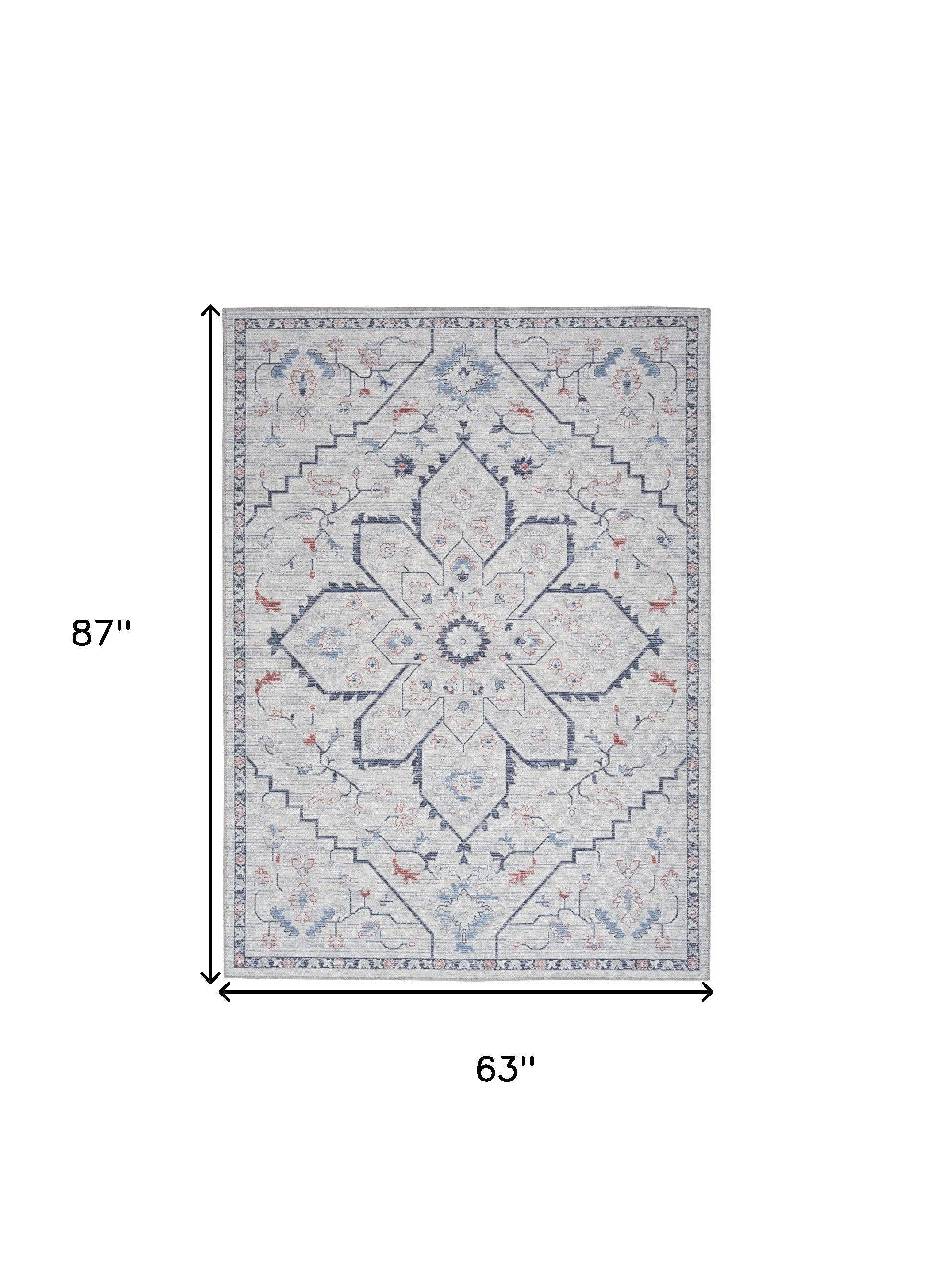 5' x 7' Ivory and Blue Oriental Power Loom Washable Area Rug