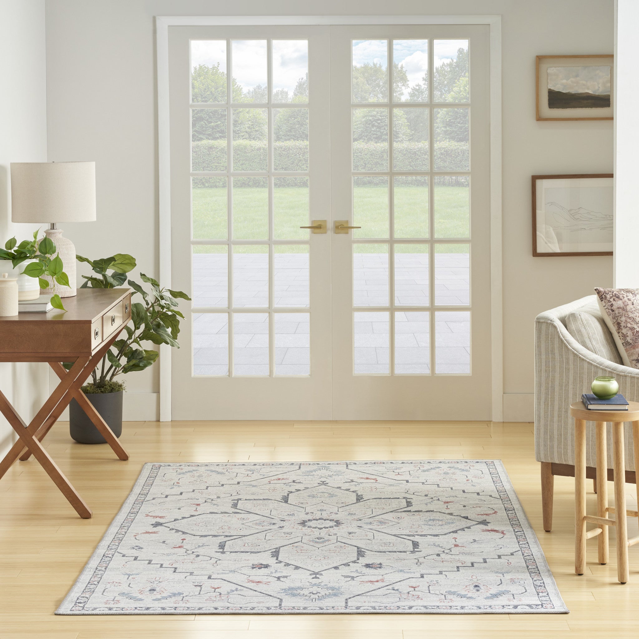 5' x 7' Ivory and Blue Oriental Power Loom Washable Area Rug