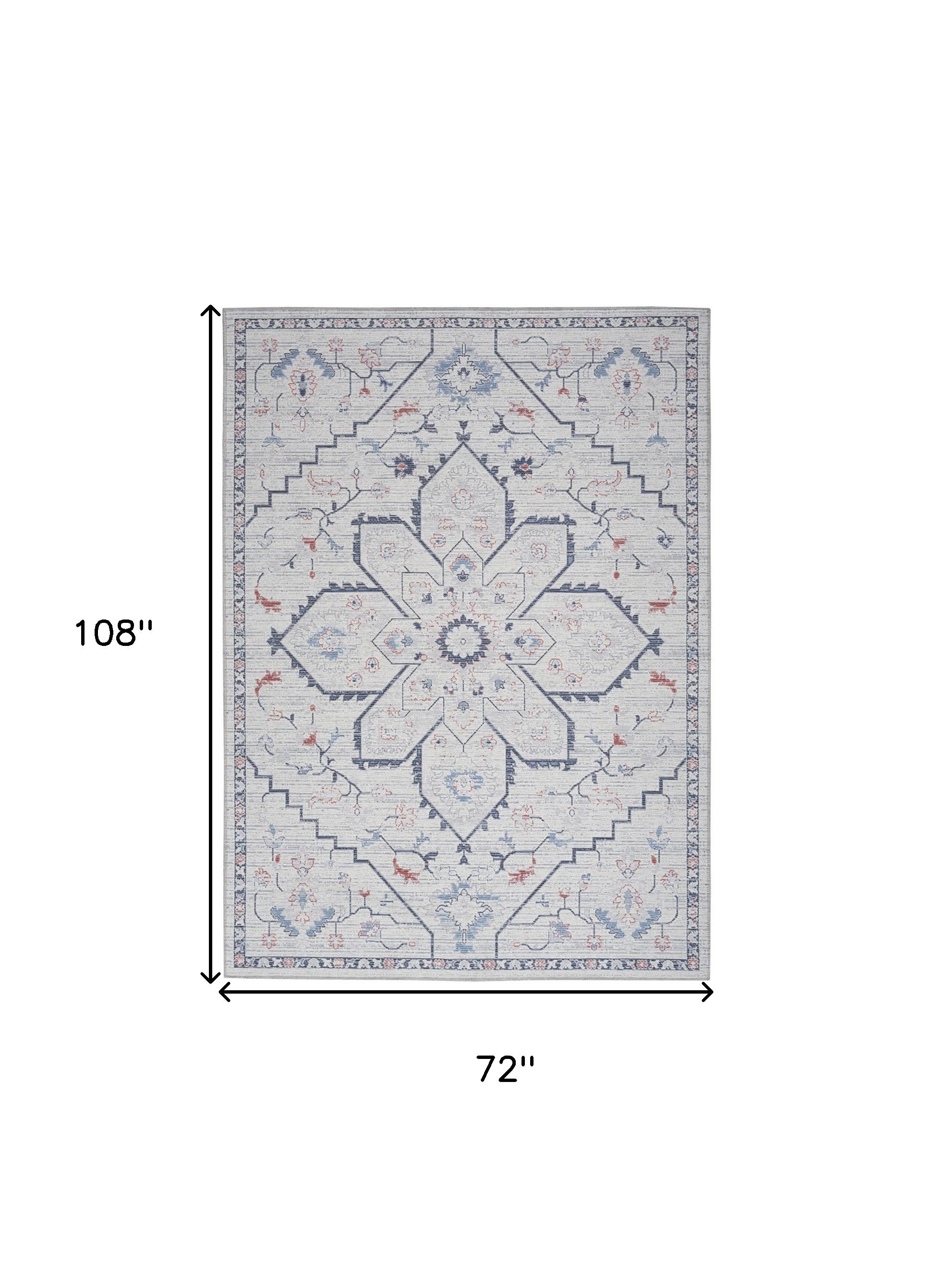 6' x 9' Ivory and Blue Oriental Power Loom Washable Area Rug