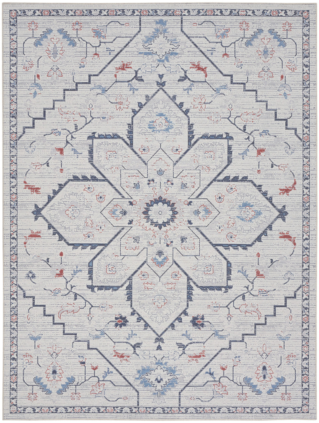 9' x 12' Ivory and Blue Oriental Power Loom Washable Area Rug